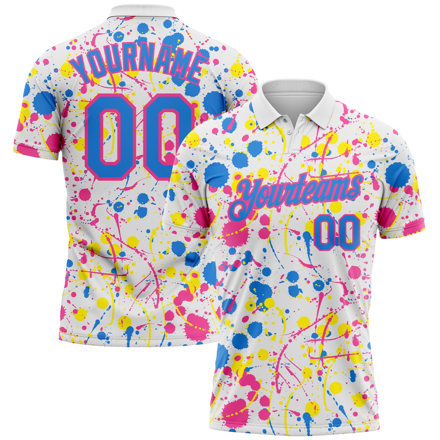 Custom Graffiti Pattern Powder Blue White Pink-Light Yellow Vibrant Multi-Color Abstract Splatter Performance Polo Shirt