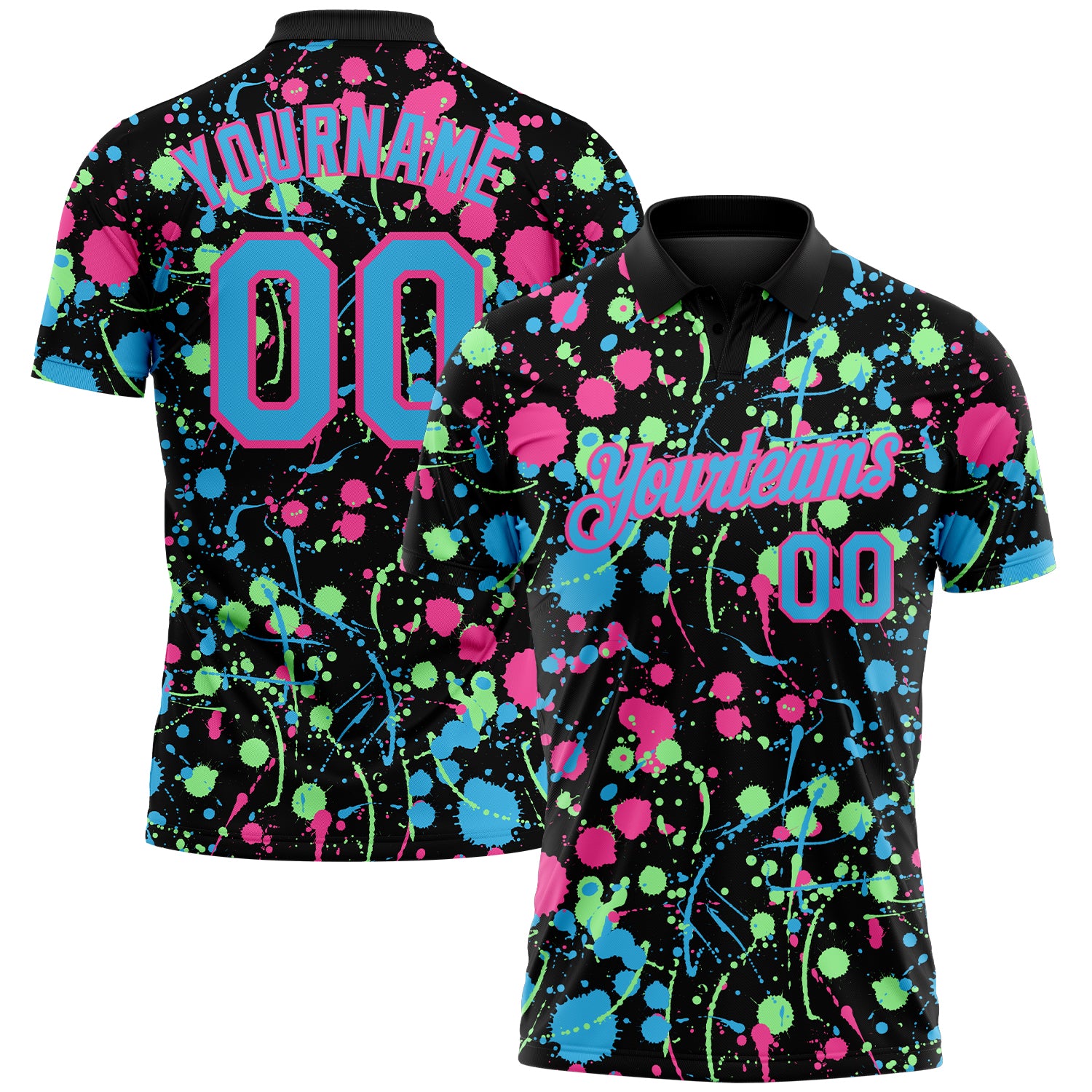 Custom Graffiti Pattern Sky Blue Black Pink-Pea Green Vibrant Multi-Color Abstract Splatter Performance Polo Shirt