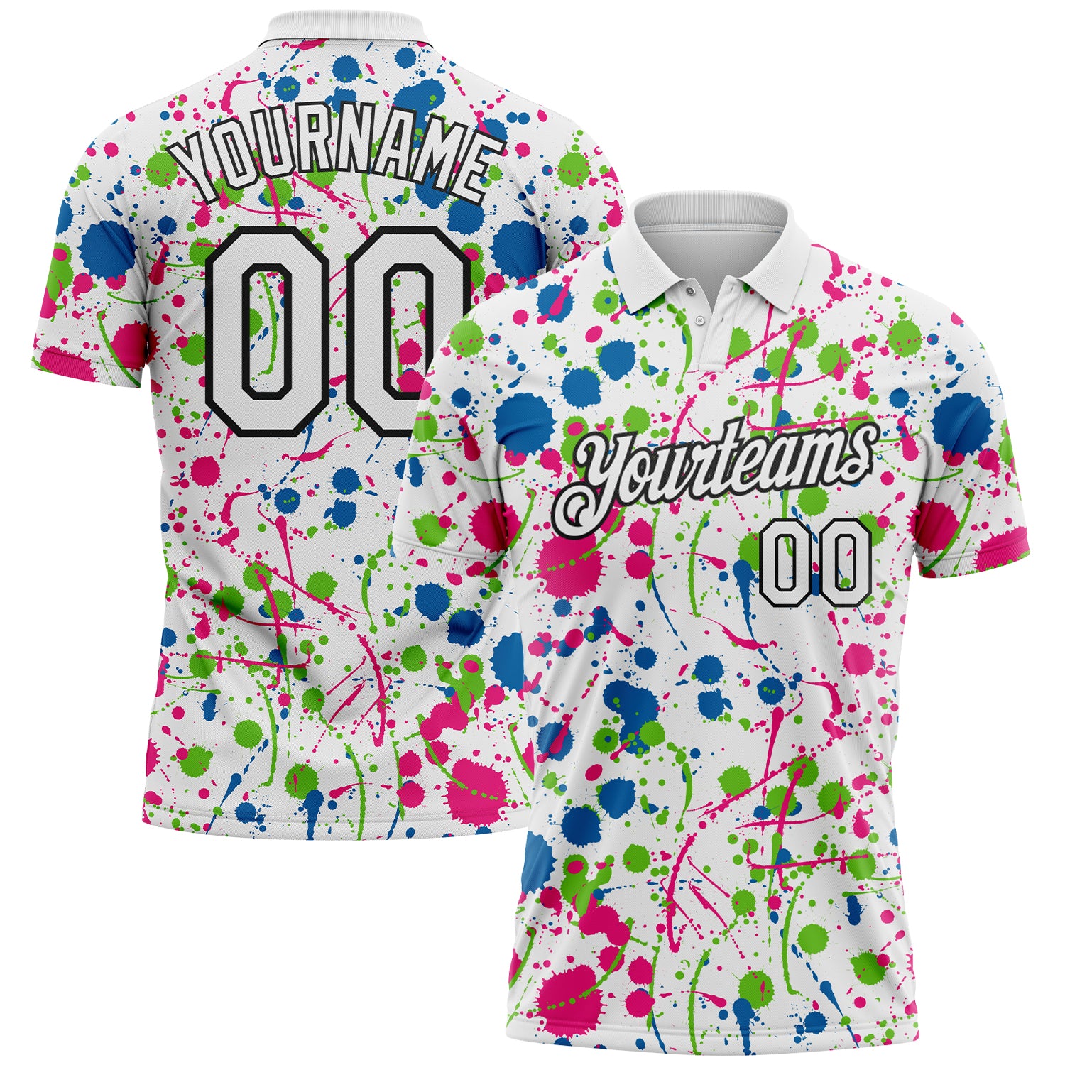 Custom Graffiti Pattern White Blue Hot Pink Aurora Green-Black Vibrant Multi-Color Abstract Splatter Performance Polo Shirt
