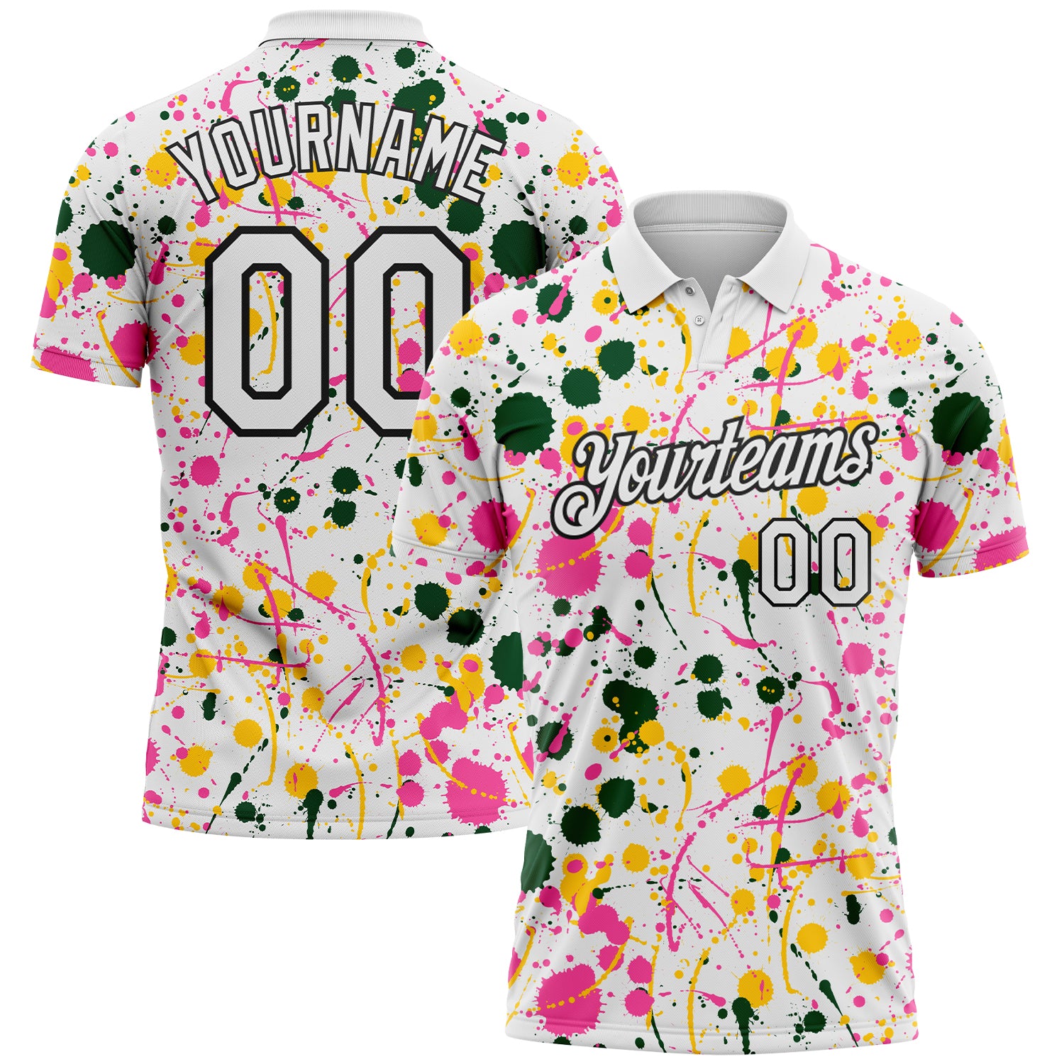 Custom Graffiti Pattern White Green Pink Yellow-Black Vibrant Multi-Color Abstract Splatter Performance Polo Shirt