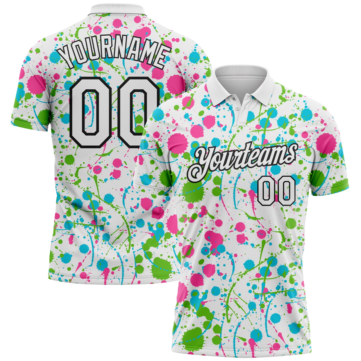 Custom Graffiti Pattern White Pink Aurora Green Lakes Blue-Black Vibrant Multi-Color Abstract Splatter Performance Polo Shirt