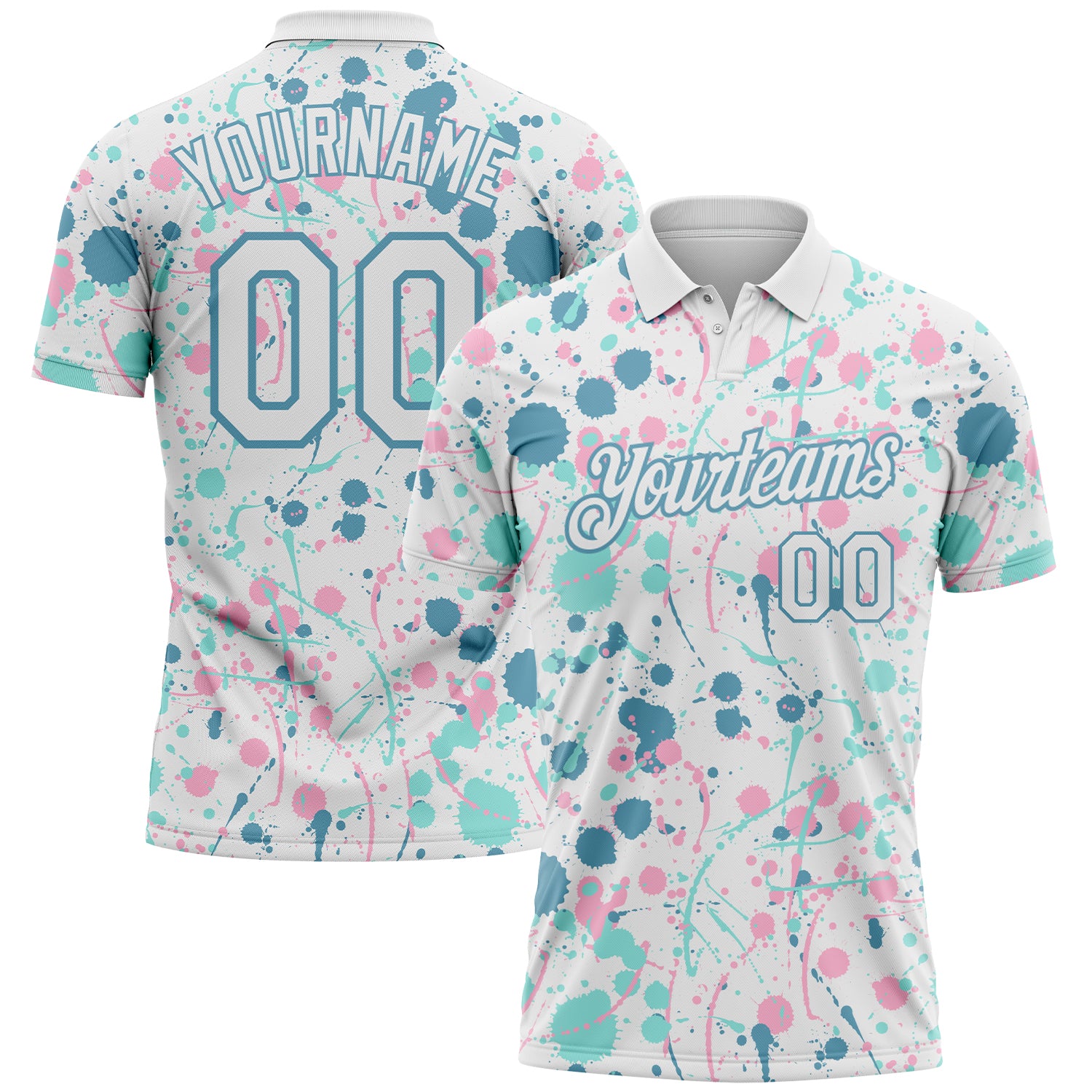 Custom Graffiti Pattern White Shadow Blue Ice Blue-Light Pink Vibrant Multi-Color Abstract Splatter Performance Polo Shirt
