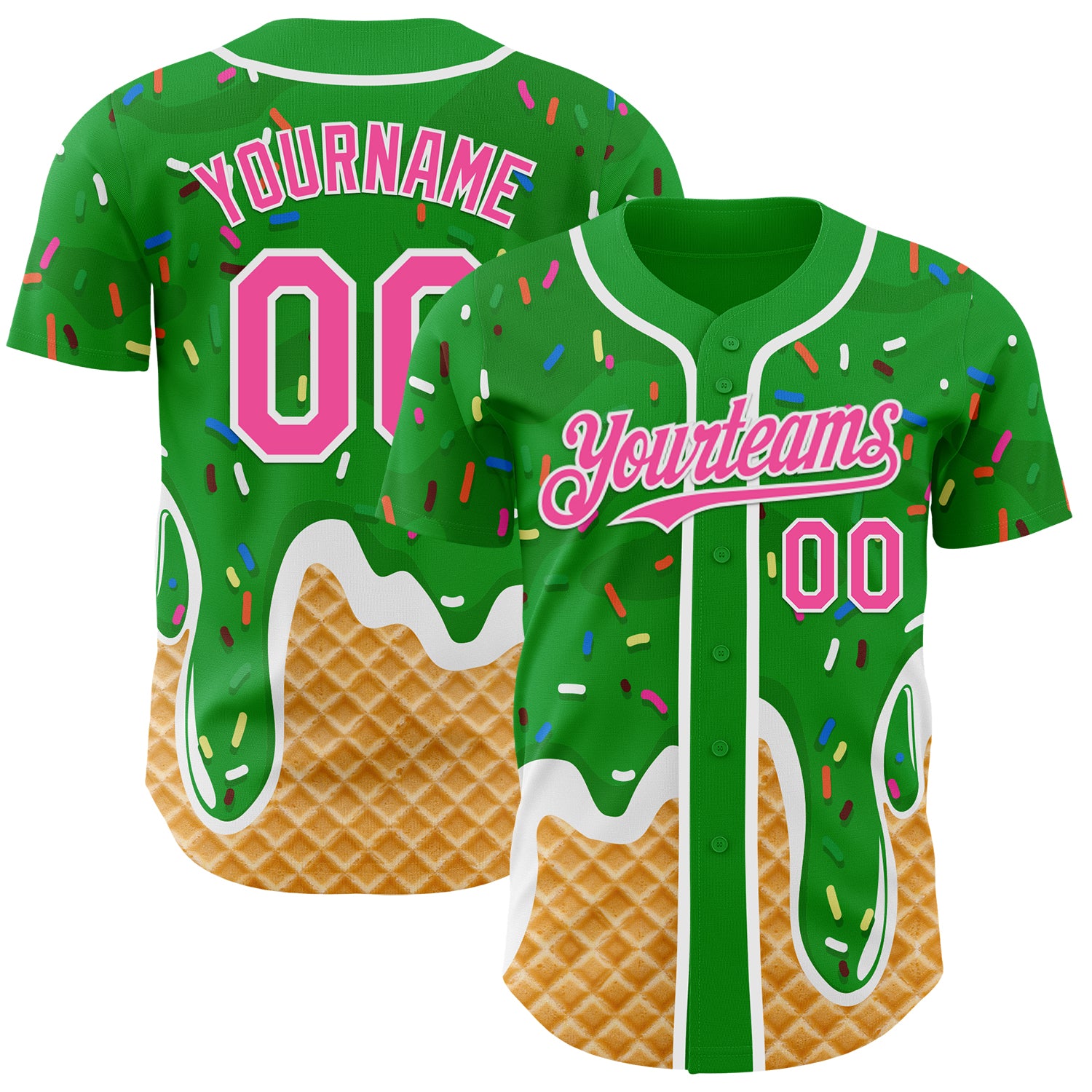 Custom Grass Green Pink-White Ice Cream Waffle Foodie Dessert Authentic Baseball Jersey