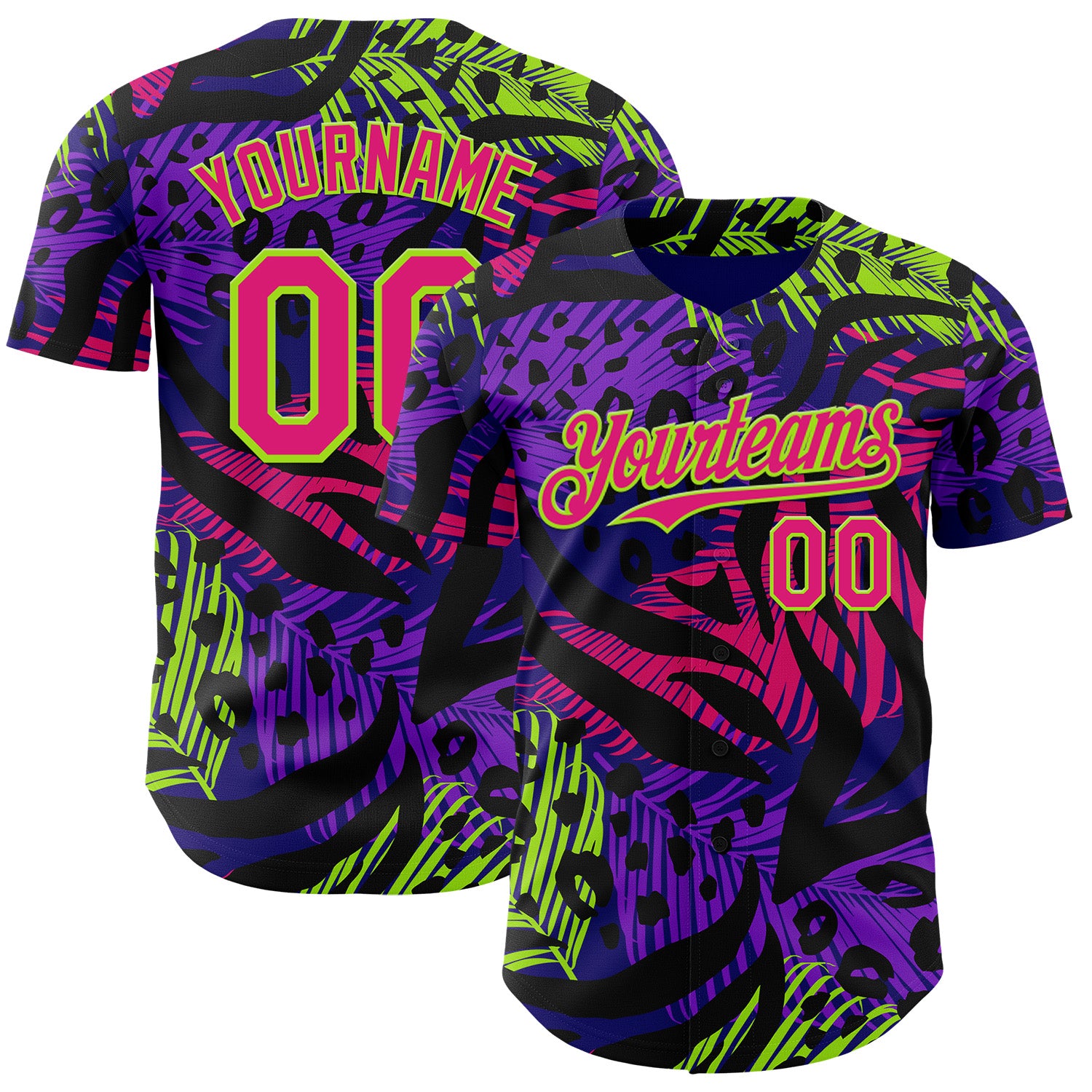 Custom Purple Hot Pink Black-Neon Green Leopard Print Tiger Stripe Leaf Authentic Baseball Jersey
