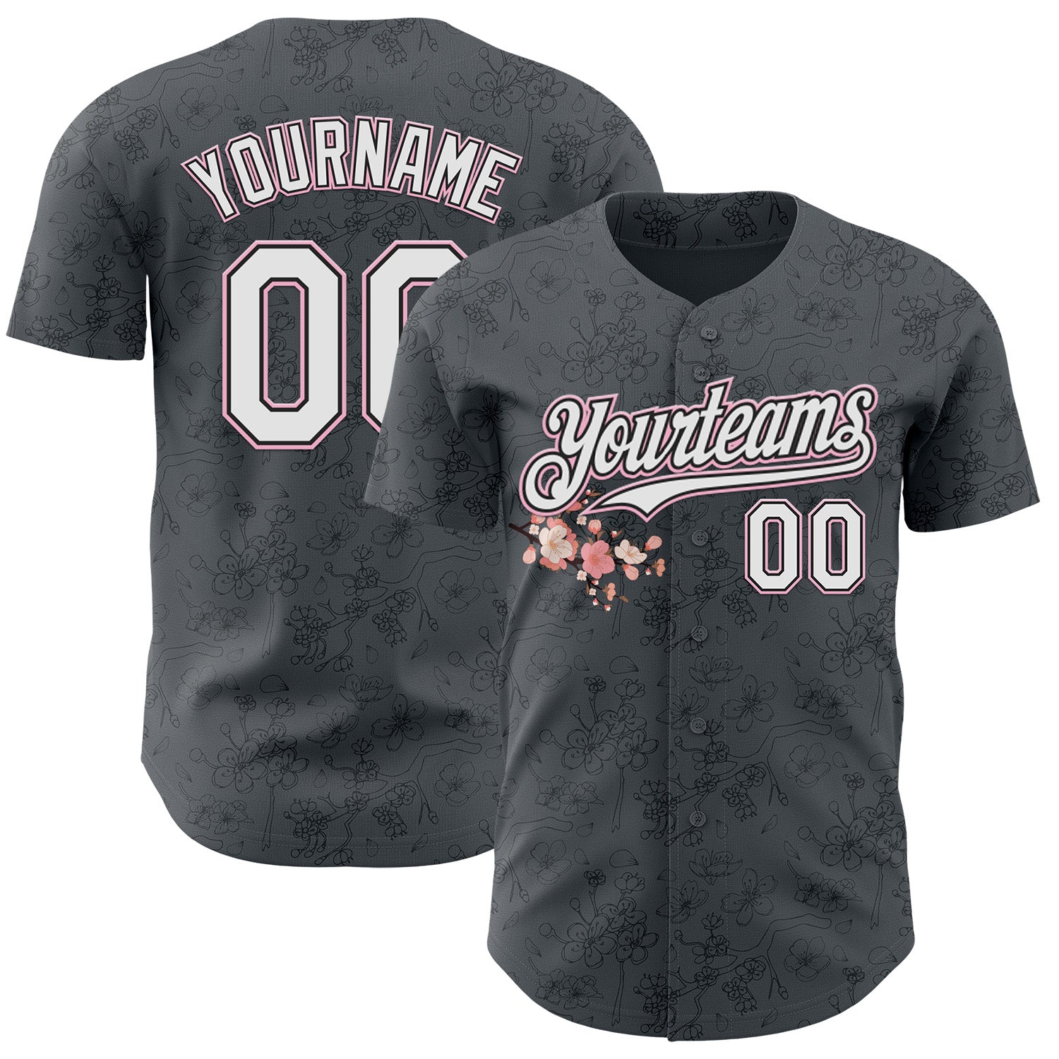 Custom Gray White Black-Light Pink Cherry Blossoms Sakura Authentic Baseball Jersey