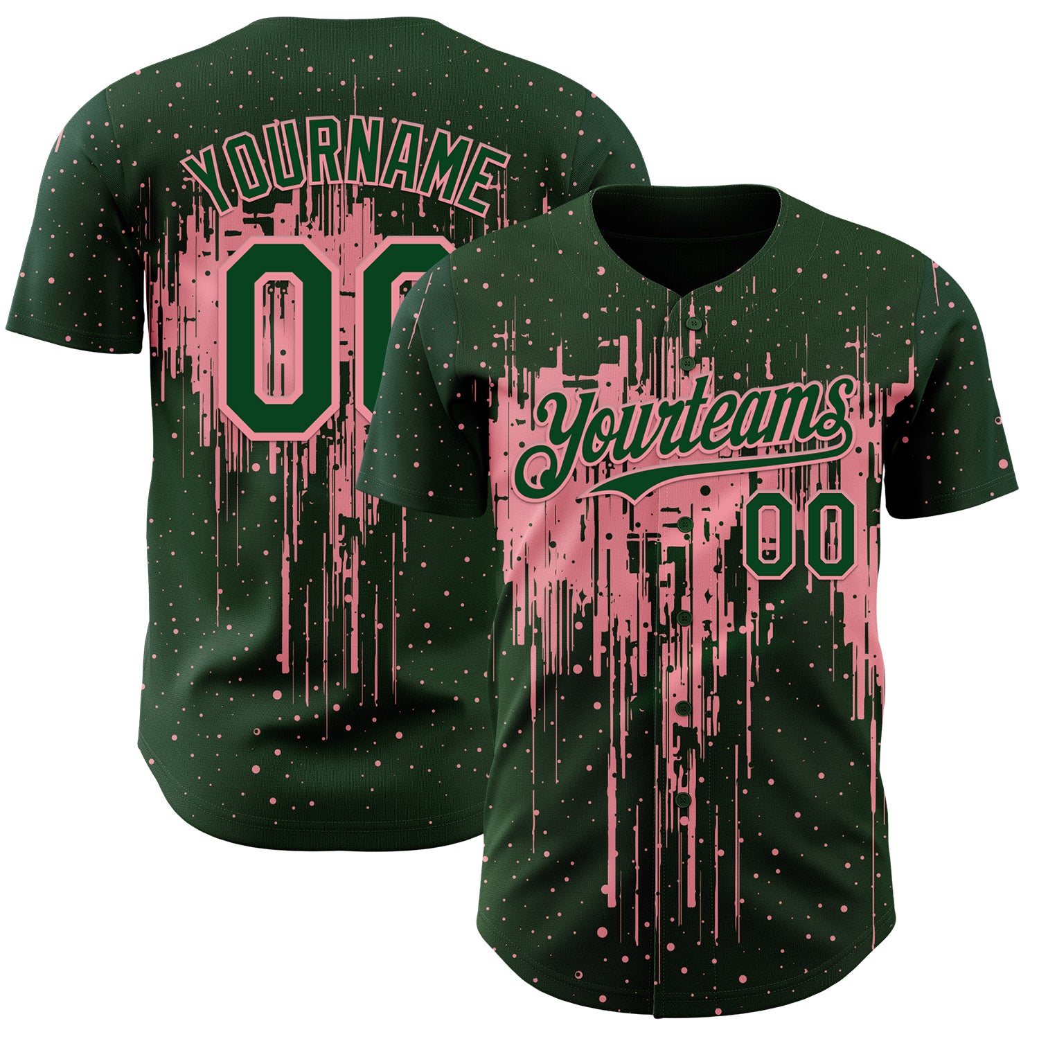 Custom Green Medium Pink 3D Pattern Design Dripping Splatter Paint Authentic Baseball Jersey