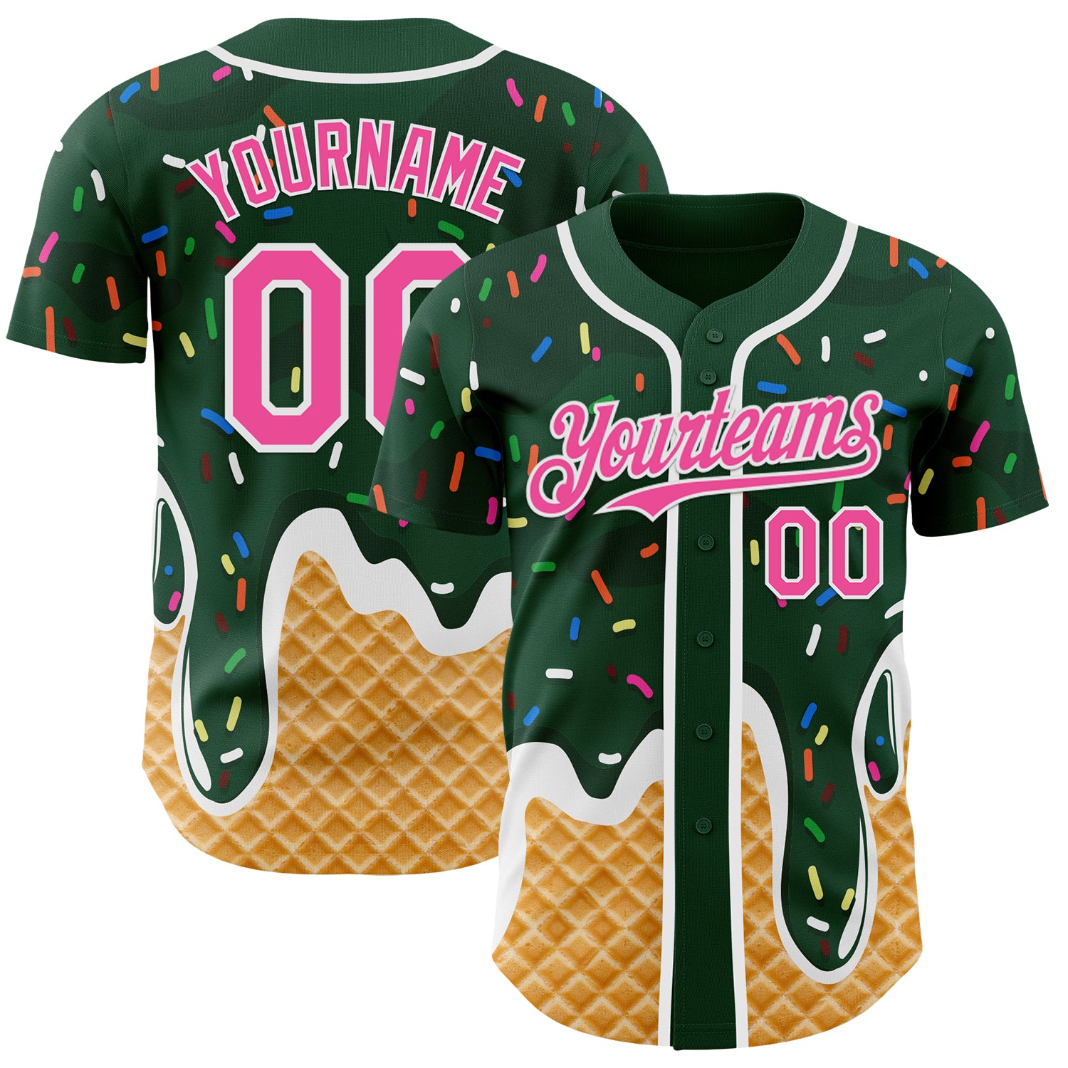 Custom Green Pink-White Ice Cream Waffle Foodie Dessert Authentic Baseball Jersey