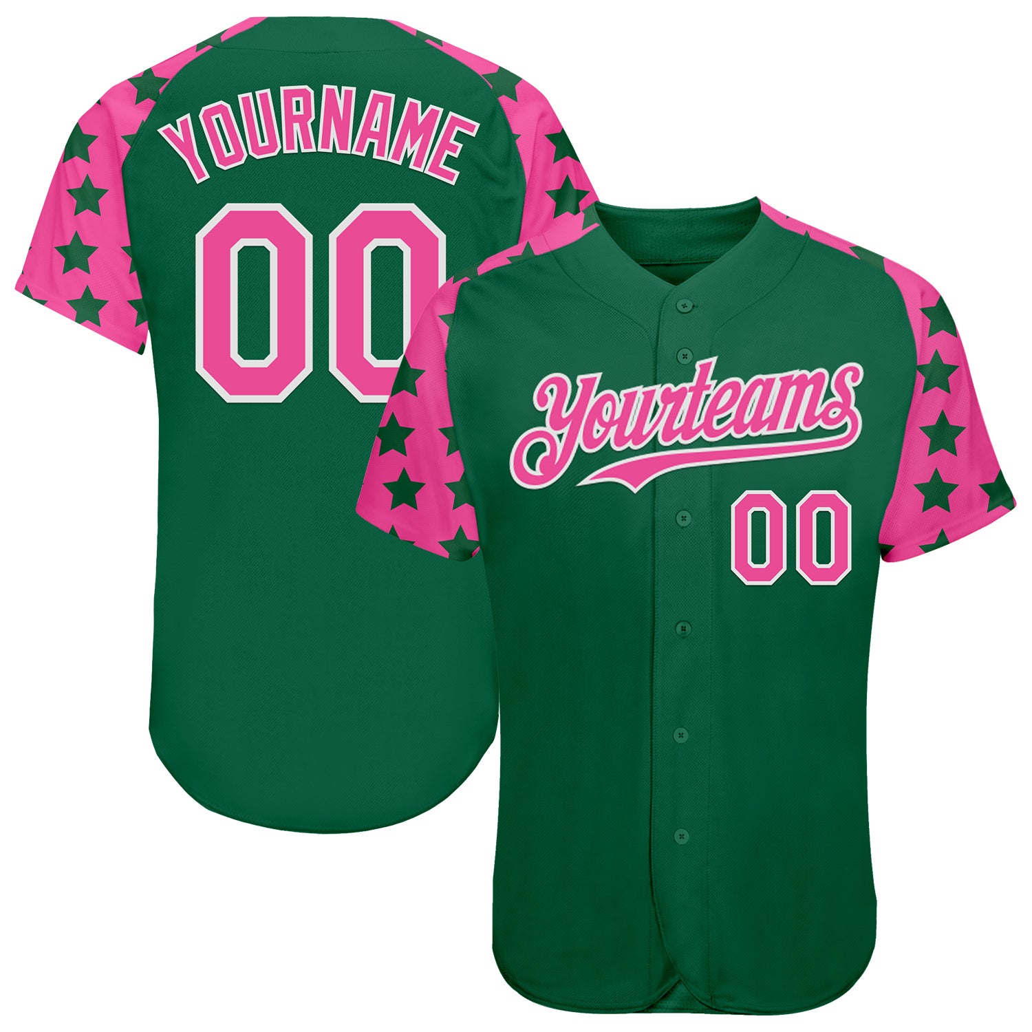 Custom Green Pink-White Star Raglan Sleeves Authentic Baseball Jersey