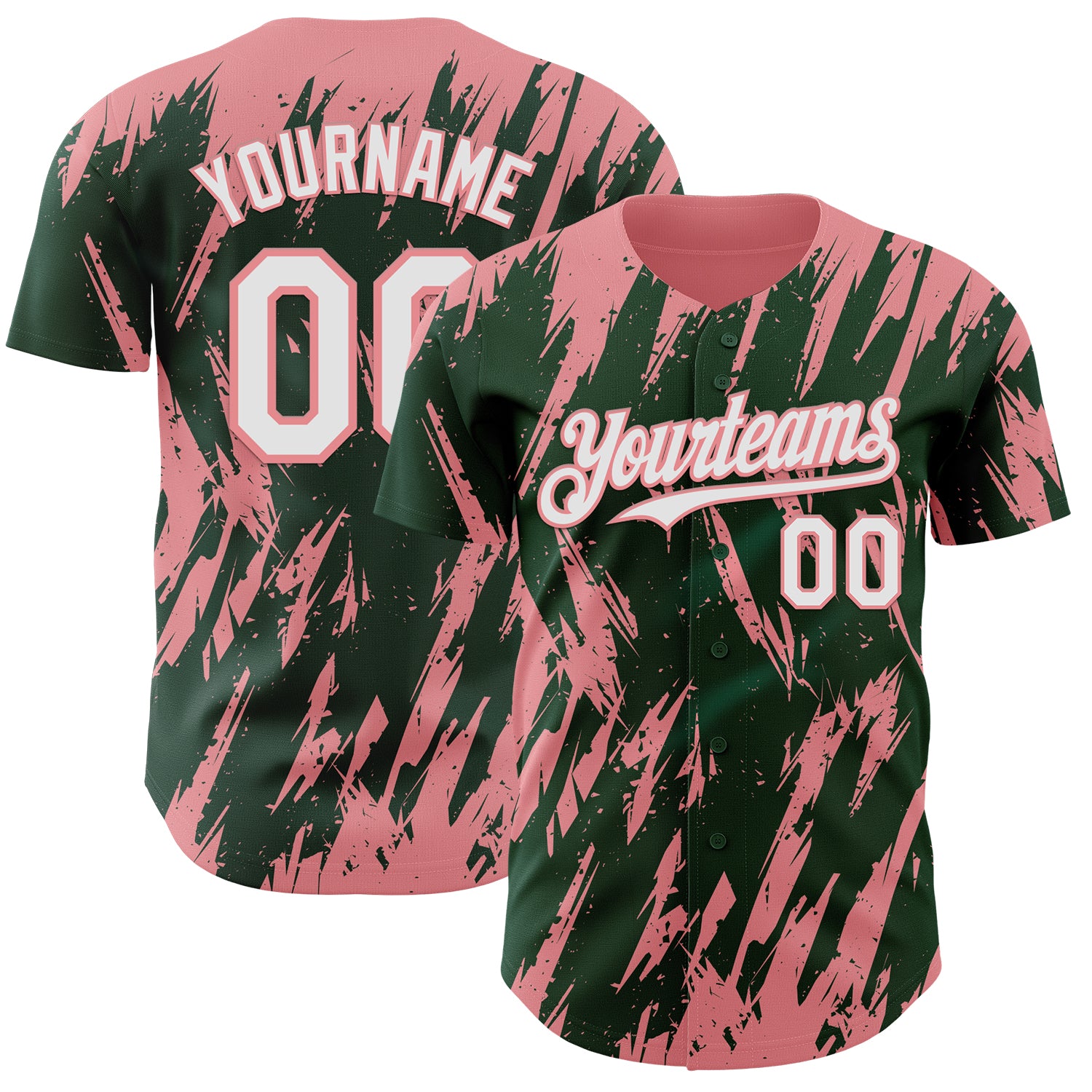 Custom Green White-Medium Pink 3D Pattern Design Splatter Torn Sharp Brush Stroke Authentic Baseball Jersey