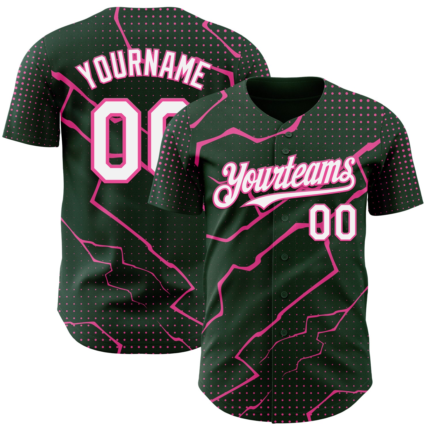 Custom Green White-Pink 3D Pattern Design Lightning Polka Dot Authentic Baseball Jersey