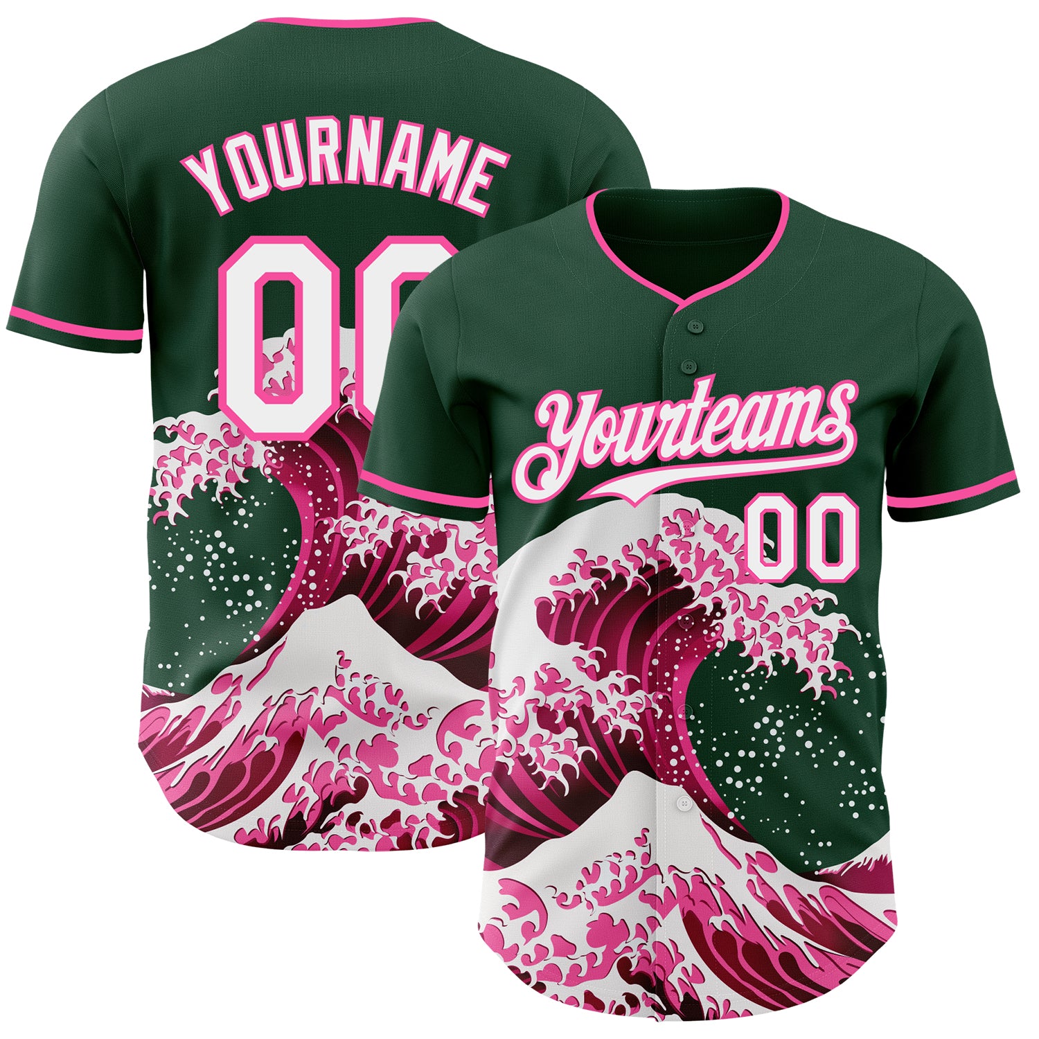 Custom Green White-Pink Japanese Wave 3D Pattern Design Authentic Baseball Jersey