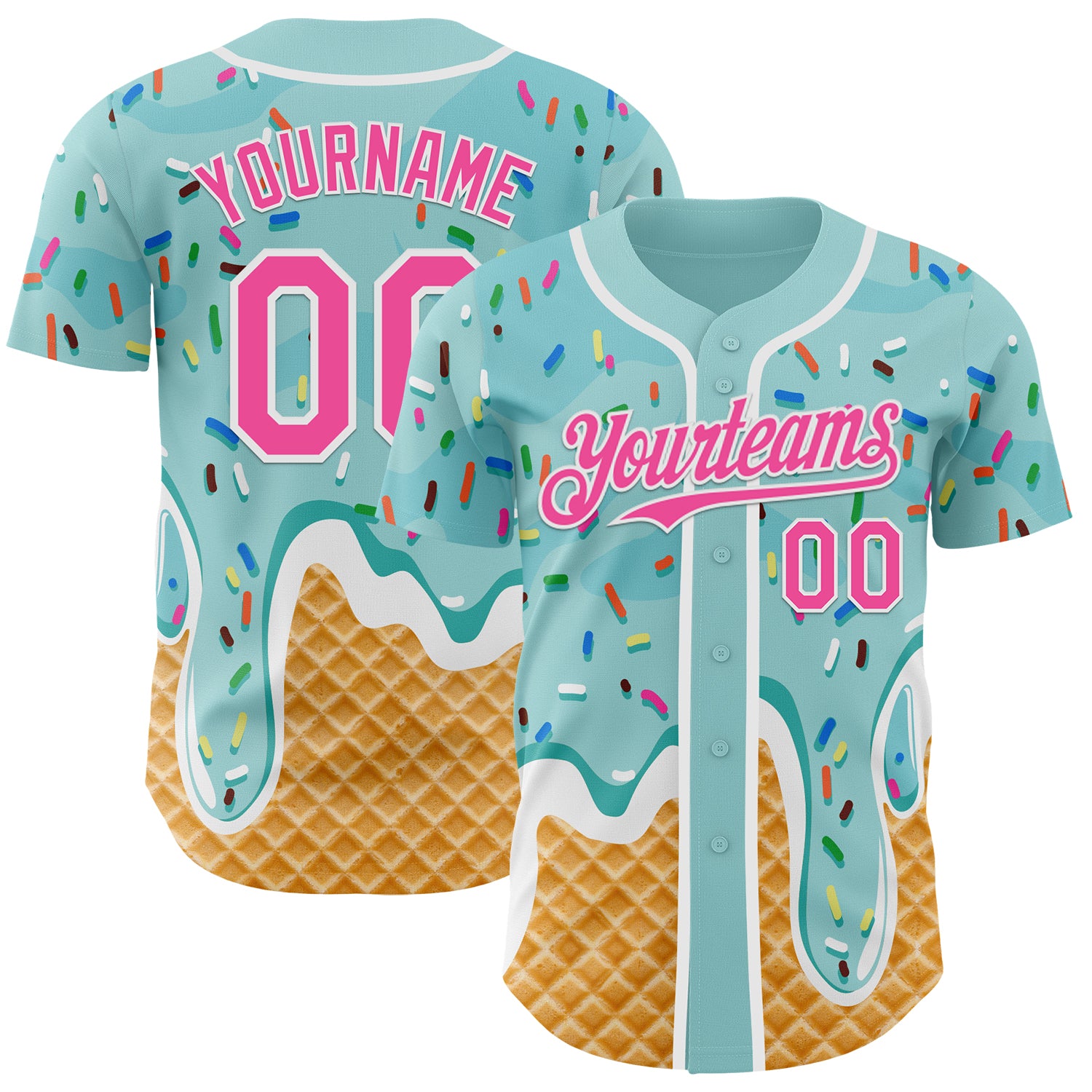 Custom Ice Blue Pink-White Ice Cream Waffle Foodie Dessert Authentic Baseball Jersey