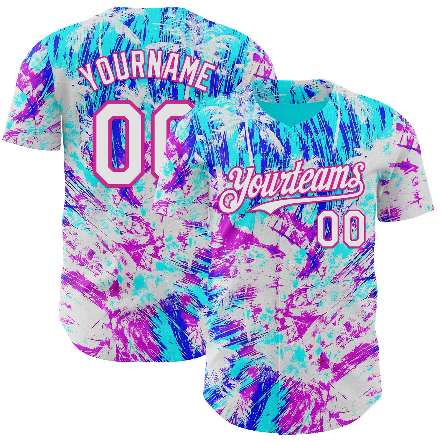 Custom Ice Blue White Blue-Deep Pink Cyber Tropical Palm Trees Music Festival Authentic Baseball Jersey
