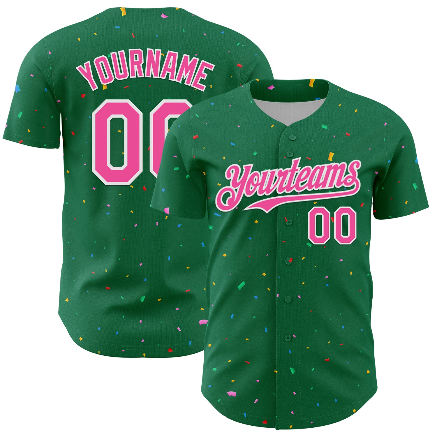 Custom Kelly Green Pink-White 3D Pattern Design Confetti Colorful Speckle Authentic Baseball Jersey