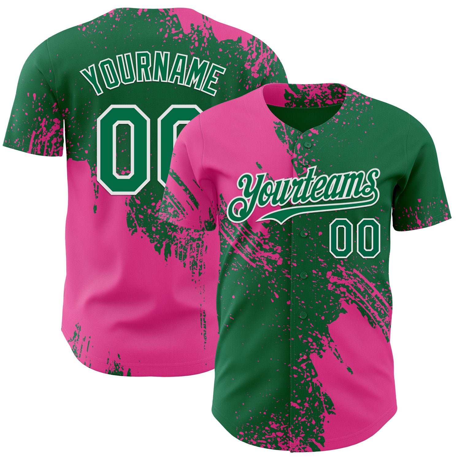 Custom Kelly Green Pink-White Abstract Brush Stroke Authentic Baseball Jersey
