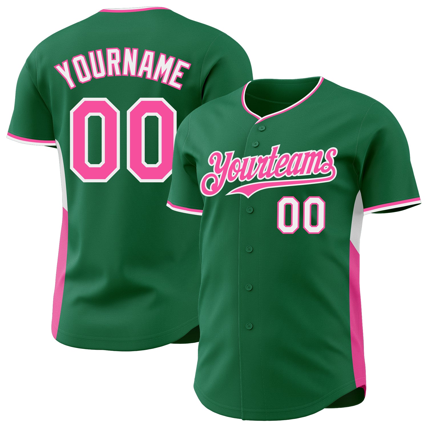 Custom Kelly Green Pink-White Classic Color Block Side Panel Stripe Authentic Baseball Jersey