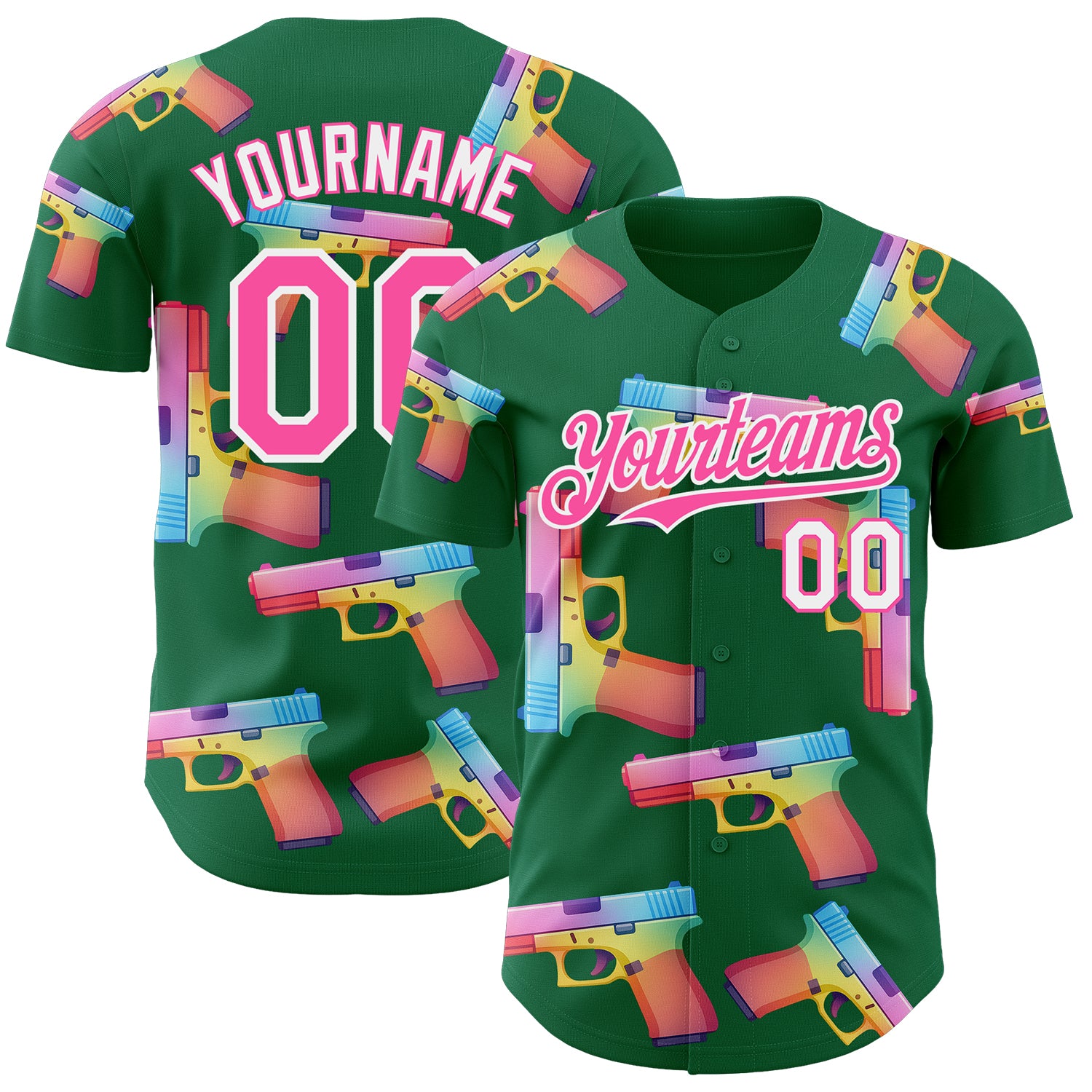 Custom Kelly Green Pink-White Colorful Firepower 3D Pattern Design Authentic Baseball Jersey