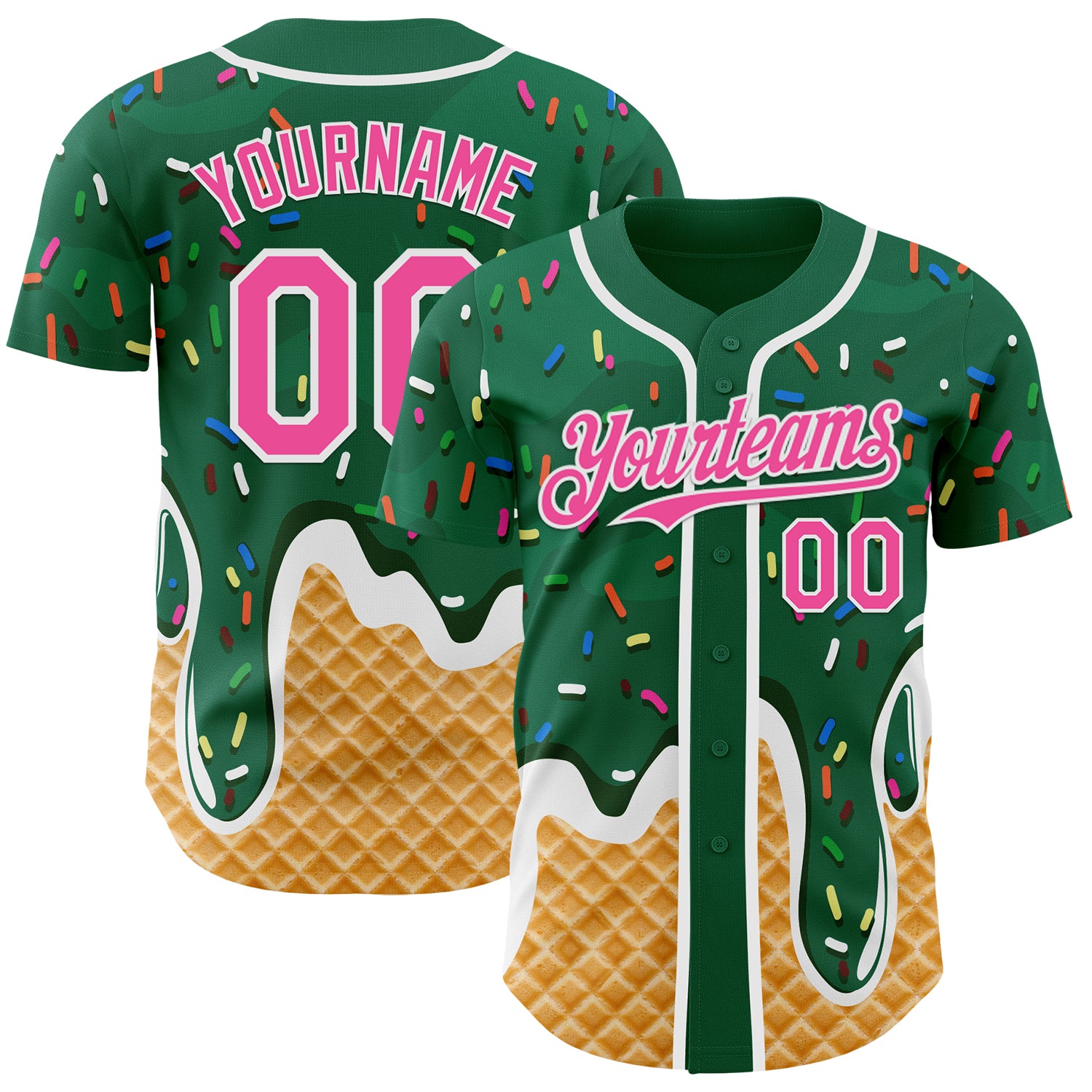 Custom Kelly Green Pink-White Ice Cream Waffle Foodie Dessert Authentic Baseball Jersey