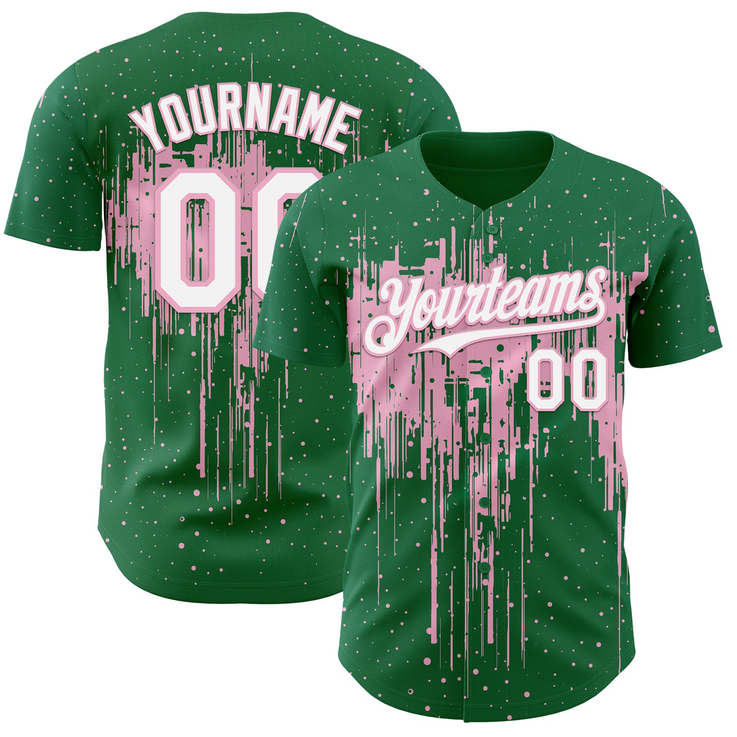 Custom Kelly Green White-Light Pink 3D Pattern Design Dripping Splatter Paint Authentic Baseball Jersey