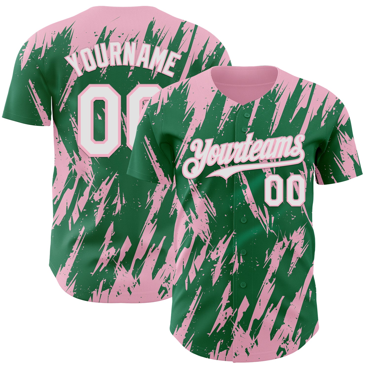 Custom Kelly Green White-Light Pink 3D Pattern Design Splatter Torn Sharp Brush Stroke Authentic Baseball Jersey