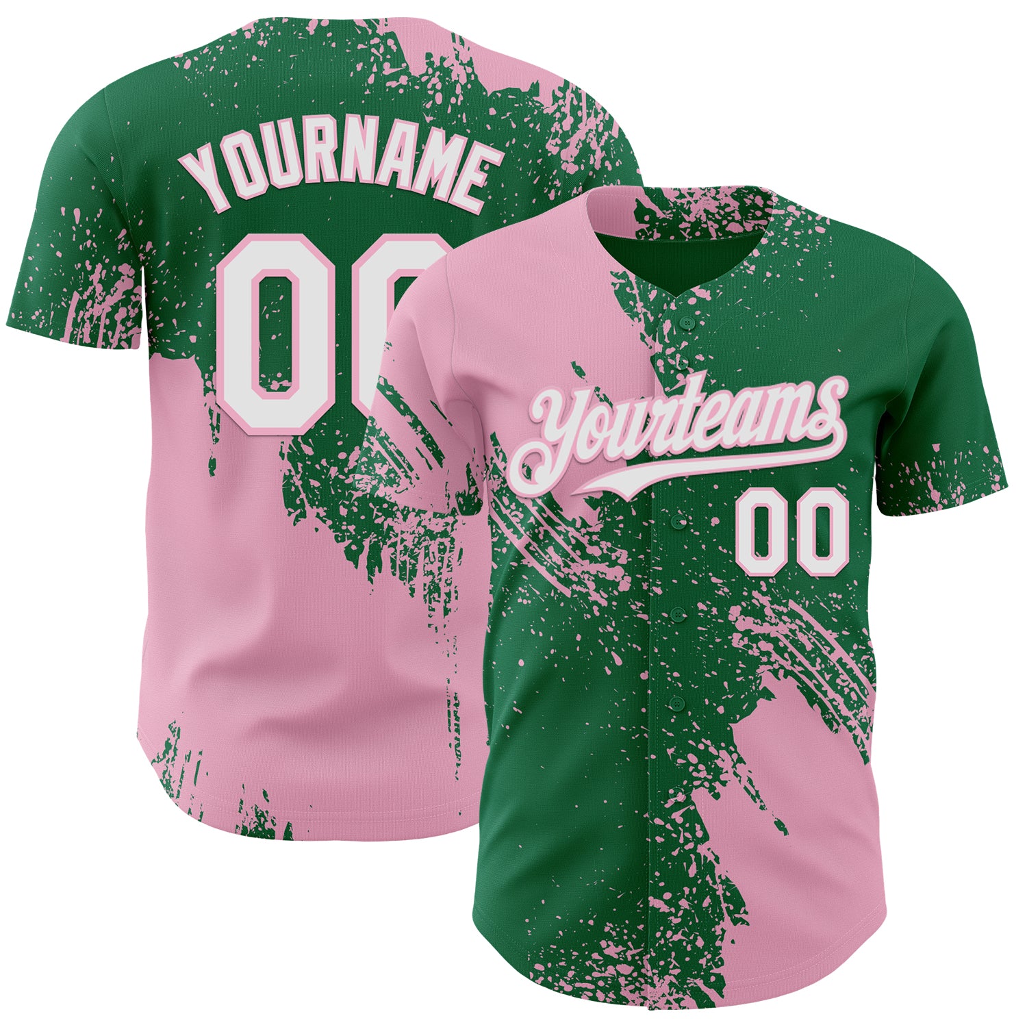 Custom Kelly Green White-Light Pink Abstract Brush Stroke Authentic Baseball Jersey
