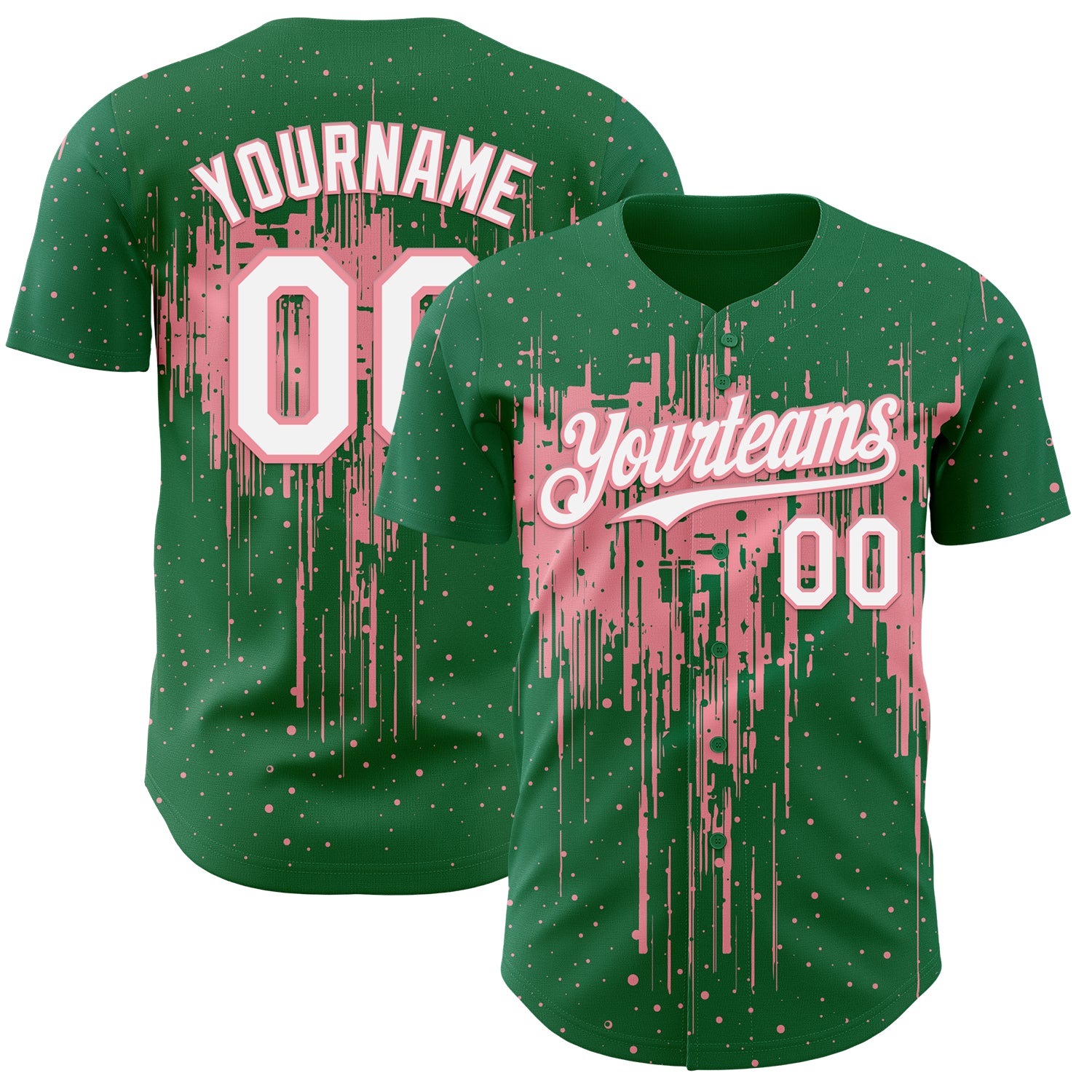 Custom Kelly Green White-Medium Pink 3D Pattern Design Dripping Splatter Paint Authentic Baseball Jersey