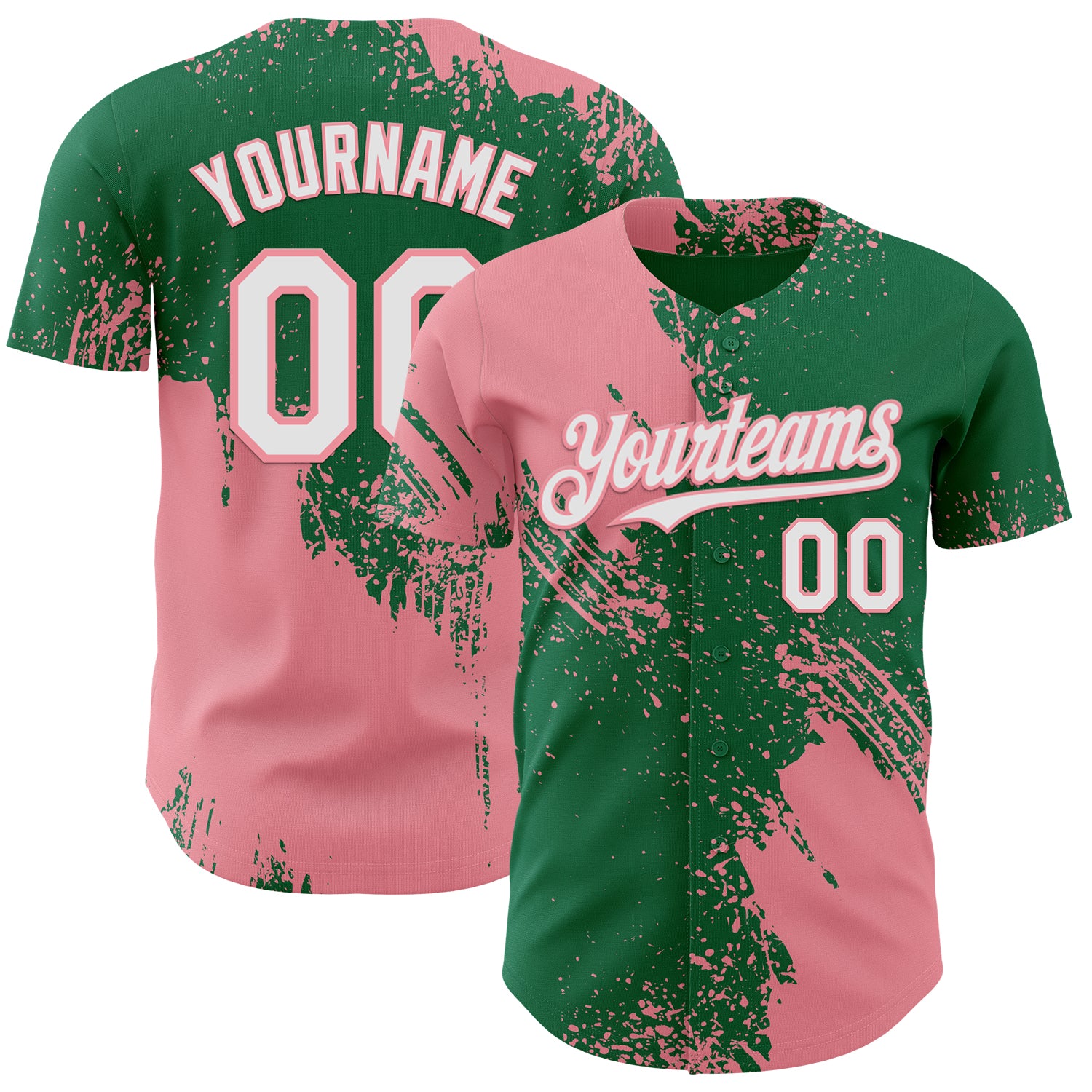 Custom Kelly Green White-Medium Pink Abstract Brush Stroke Authentic Baseball Jersey