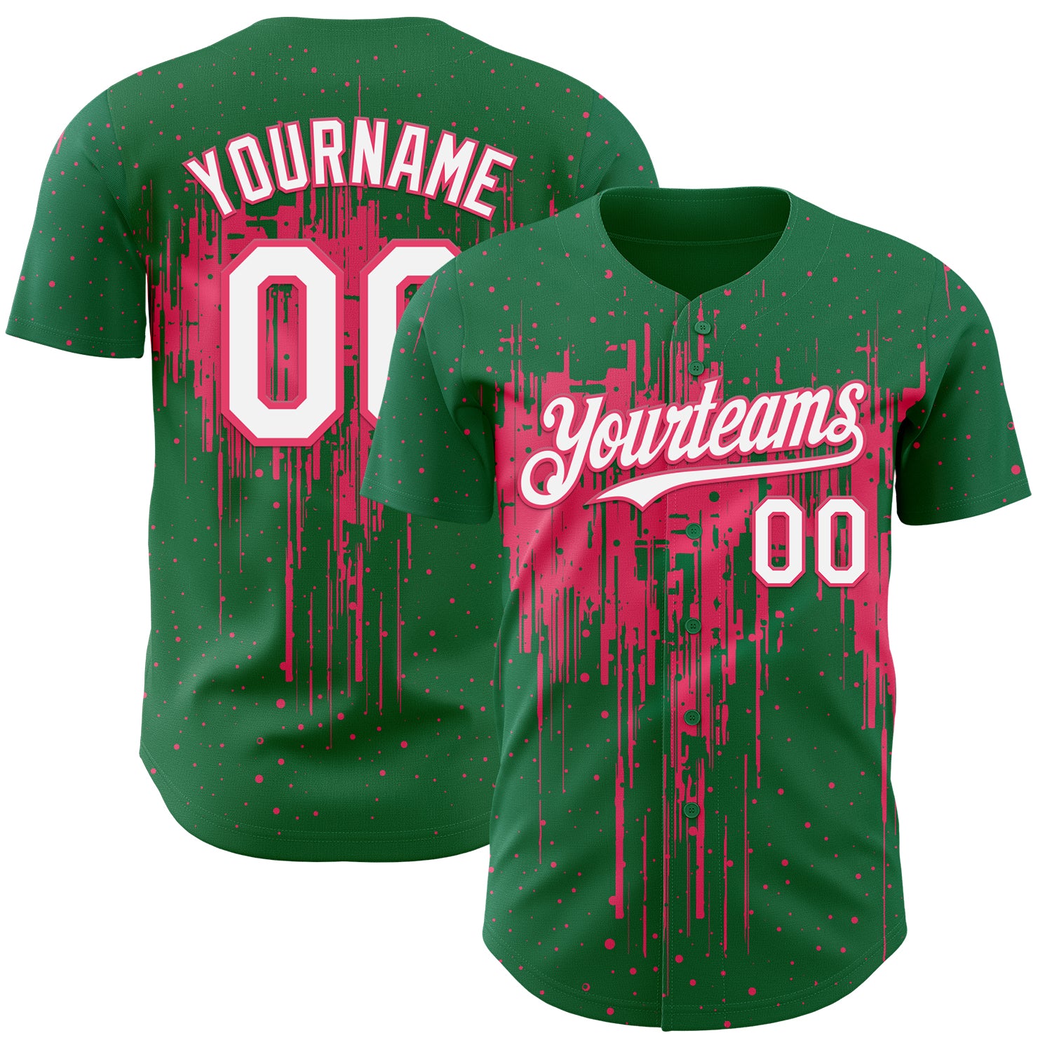 Custom Kelly Green White-Neon Pink 3D Pattern Design Dripping Splatter Paint Authentic Baseball Jersey