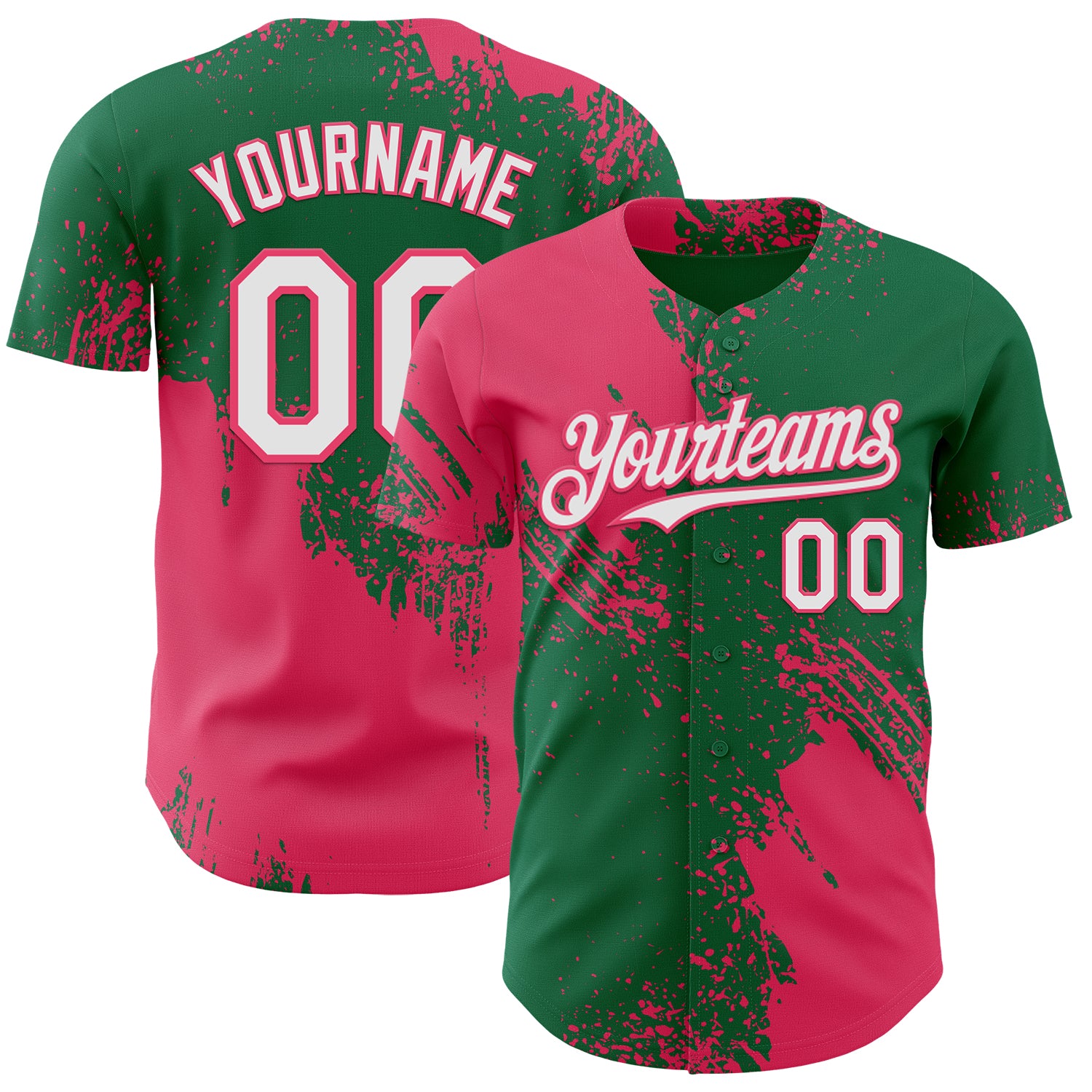 Custom Kelly Green White-Neon Pink Abstract Brush Stroke Authentic Baseball Jersey