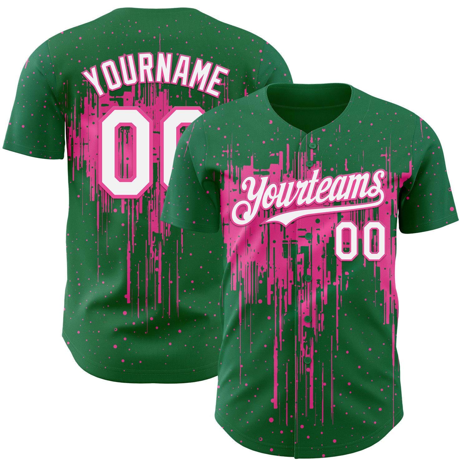 Custom Kelly Green White-Pink 3D Pattern Design Dripping Splatter Paint Authentic Baseball Jersey