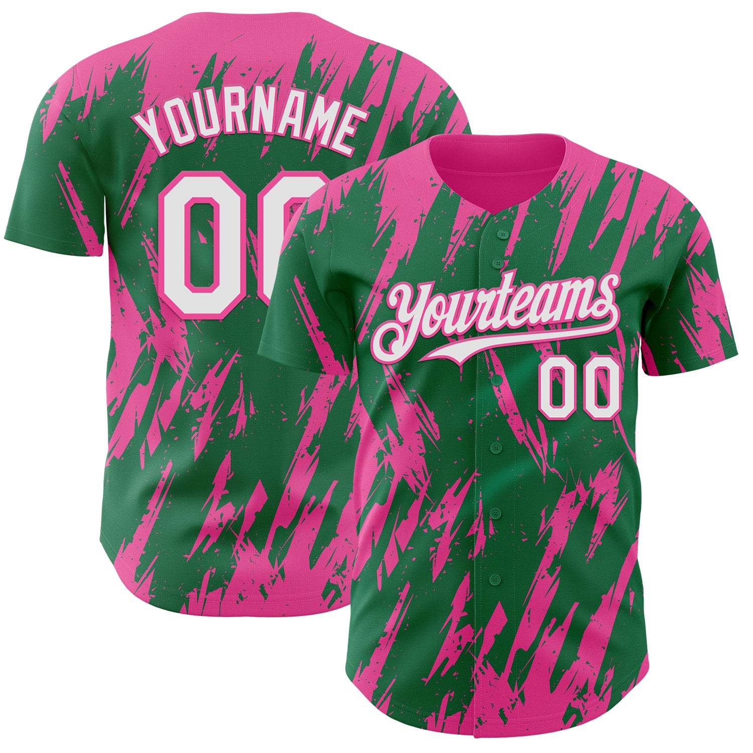 Custom Kelly Green White-Pink 3D Pattern Design Splatter Torn Sharp Brush Stroke Authentic Baseball Jersey