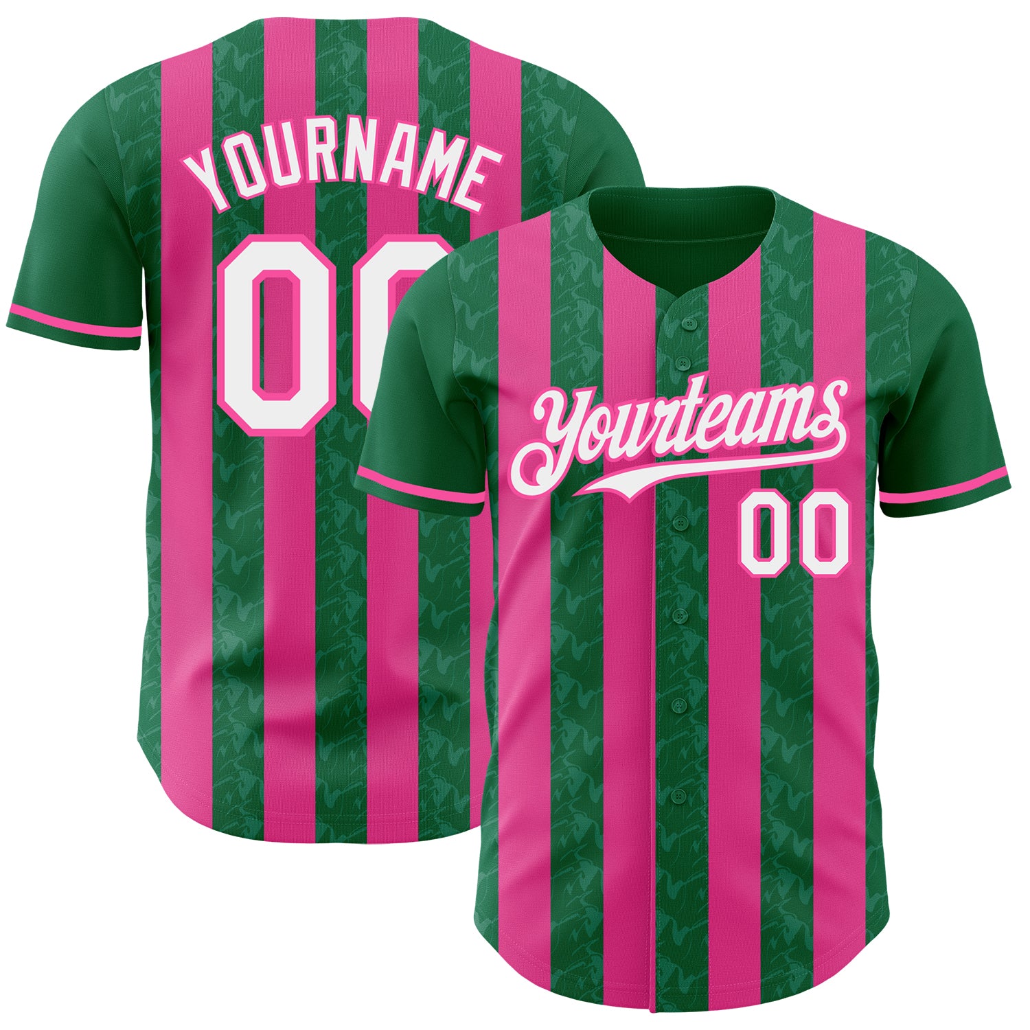 Custom Kelly Green White-Pink Classic Vertical Stripe Fluid Liquid Texture Authentic Baseball Jersey