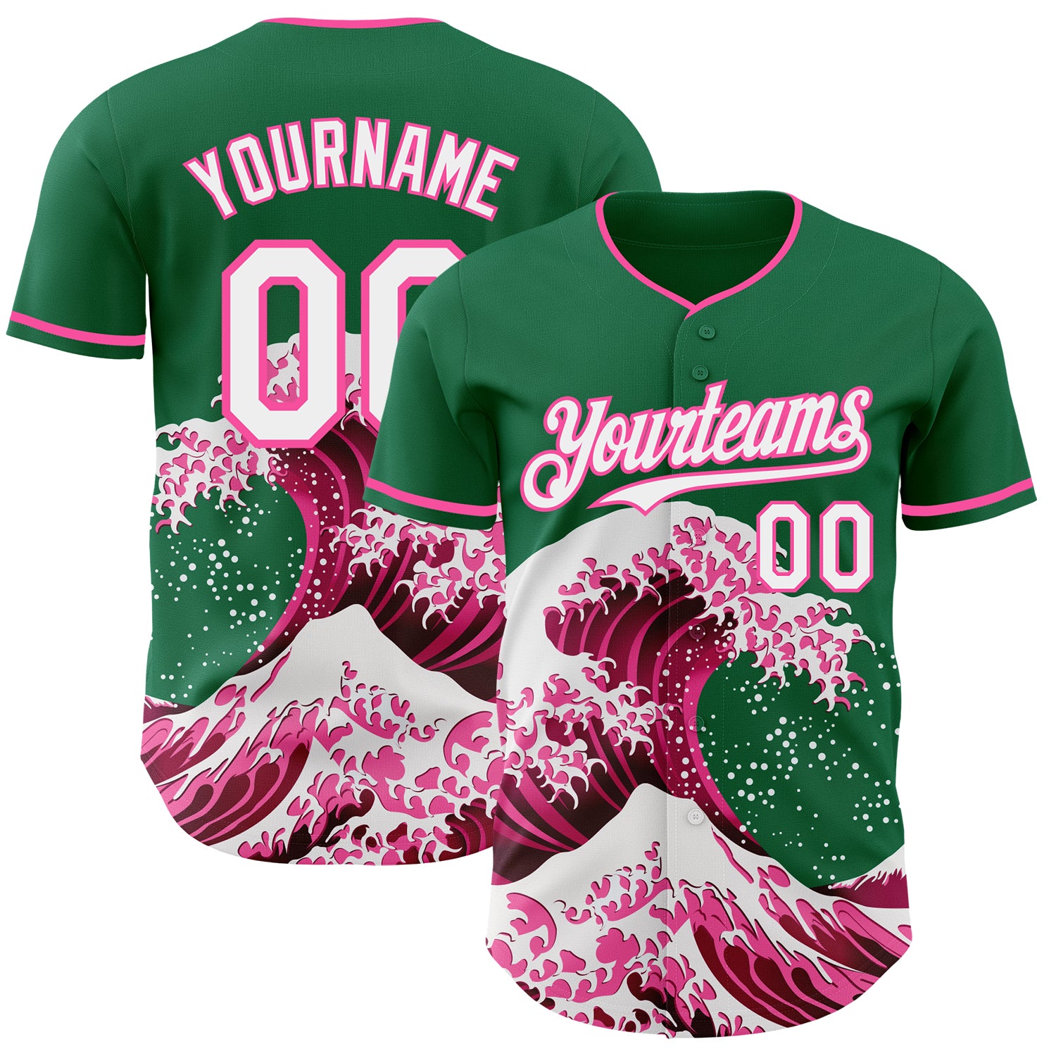 Custom Kelly Green White-Pink Japanese Wave 3D Pattern Design Authentic Baseball Jersey