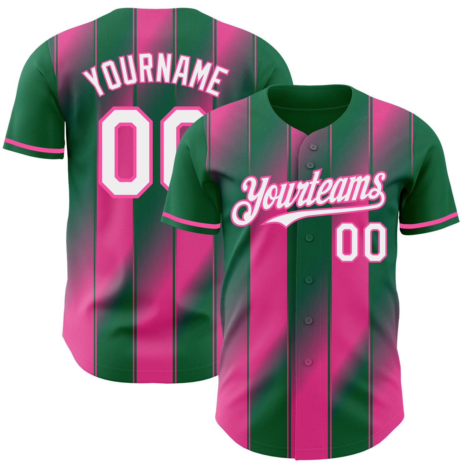 Custom Kelly Green White Pink-Pink Gradient Classic Vertical Stripe Authentic Baseball Jersey