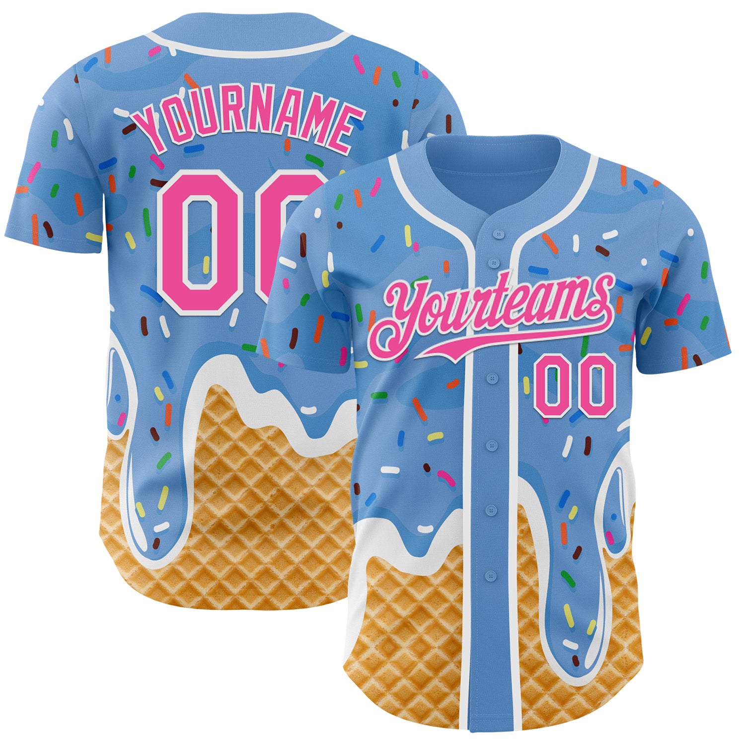 Custom Light Blue Pink-White Ice Cream Waffle Foodie Dessert Authentic Baseball Jersey