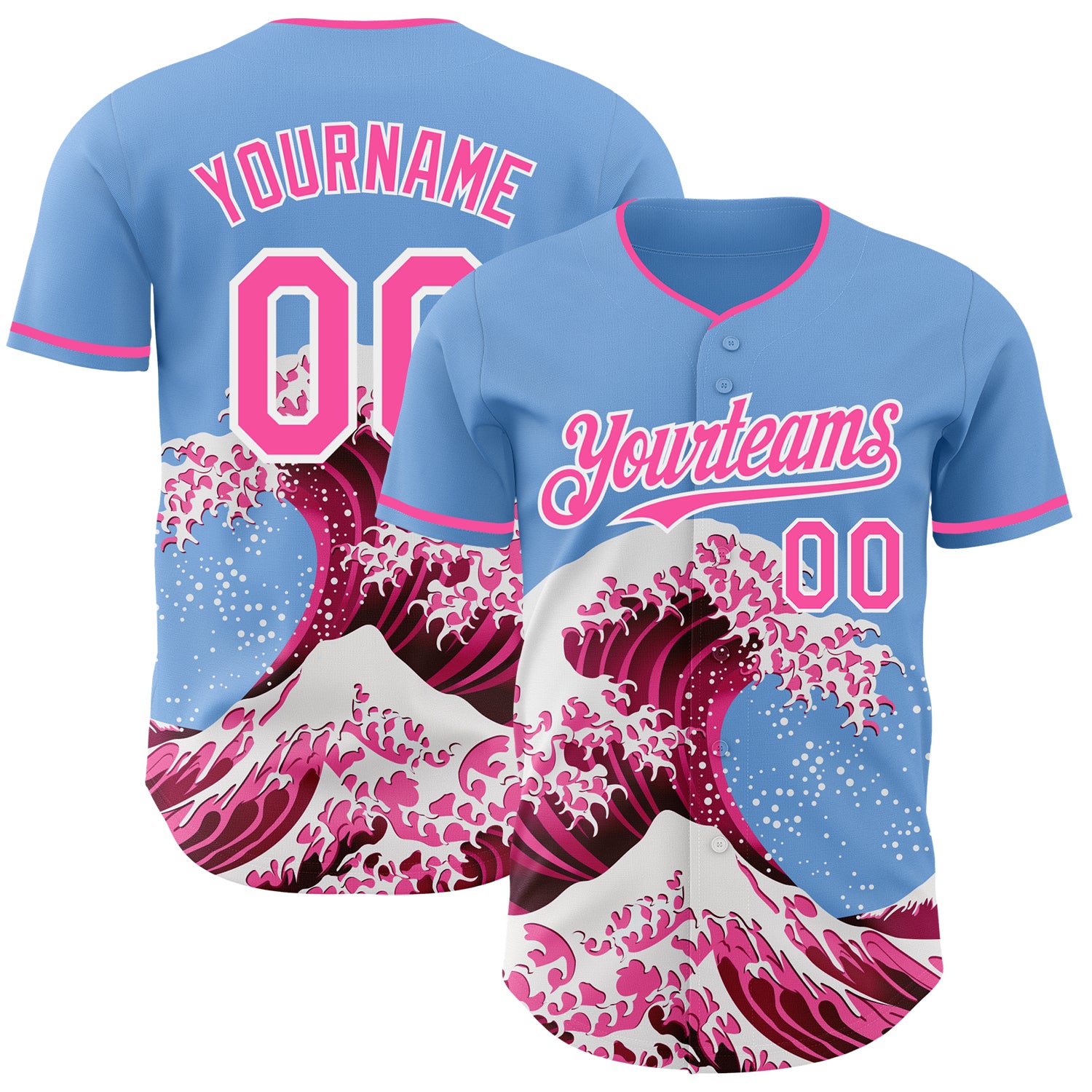 Custom Light Blue Pink-White Japanese Wave 3D Pattern Design Authentic Baseball Jersey