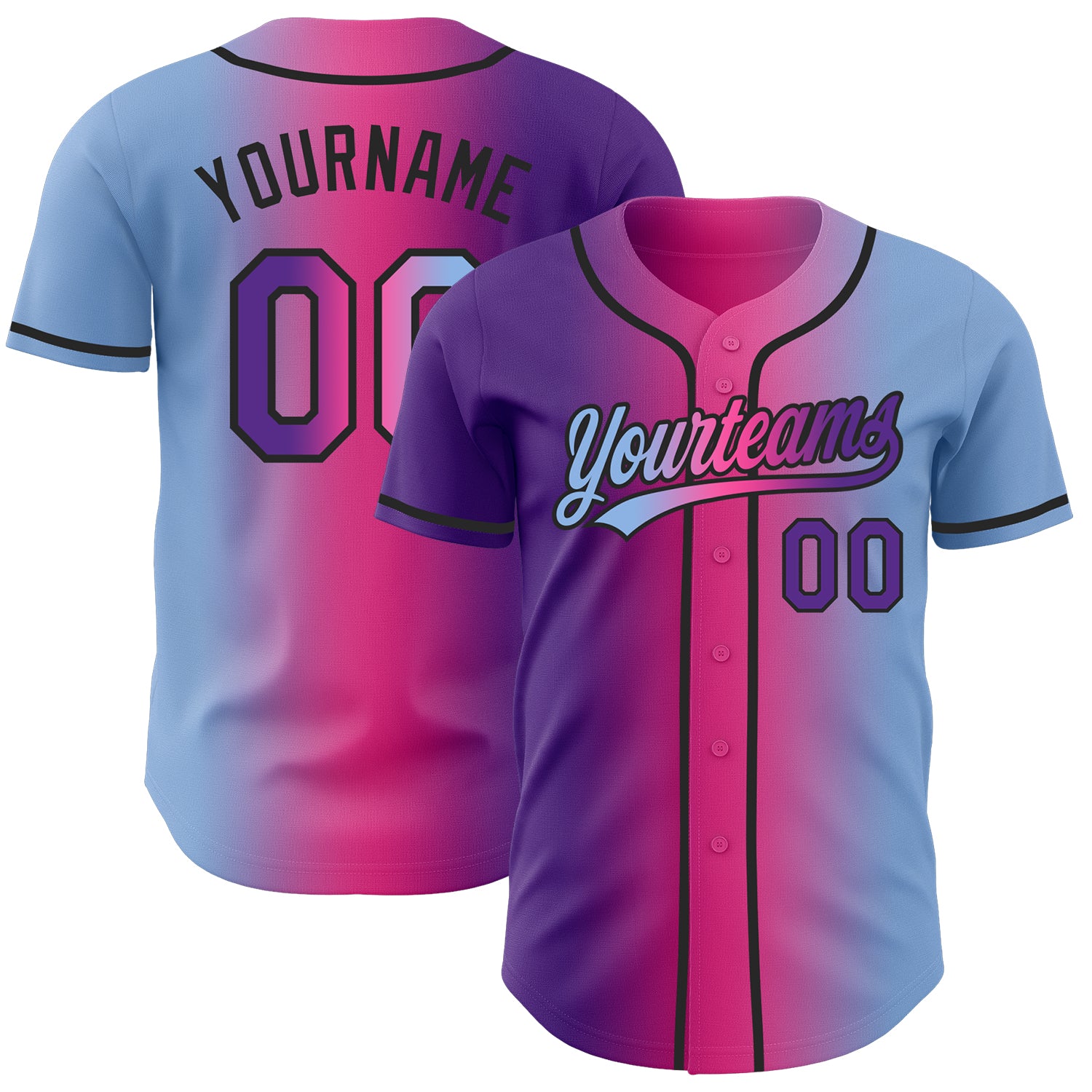 Custom Light Blue Purple Pink-Black Authentic Gradient Fashion Baseball Jersey