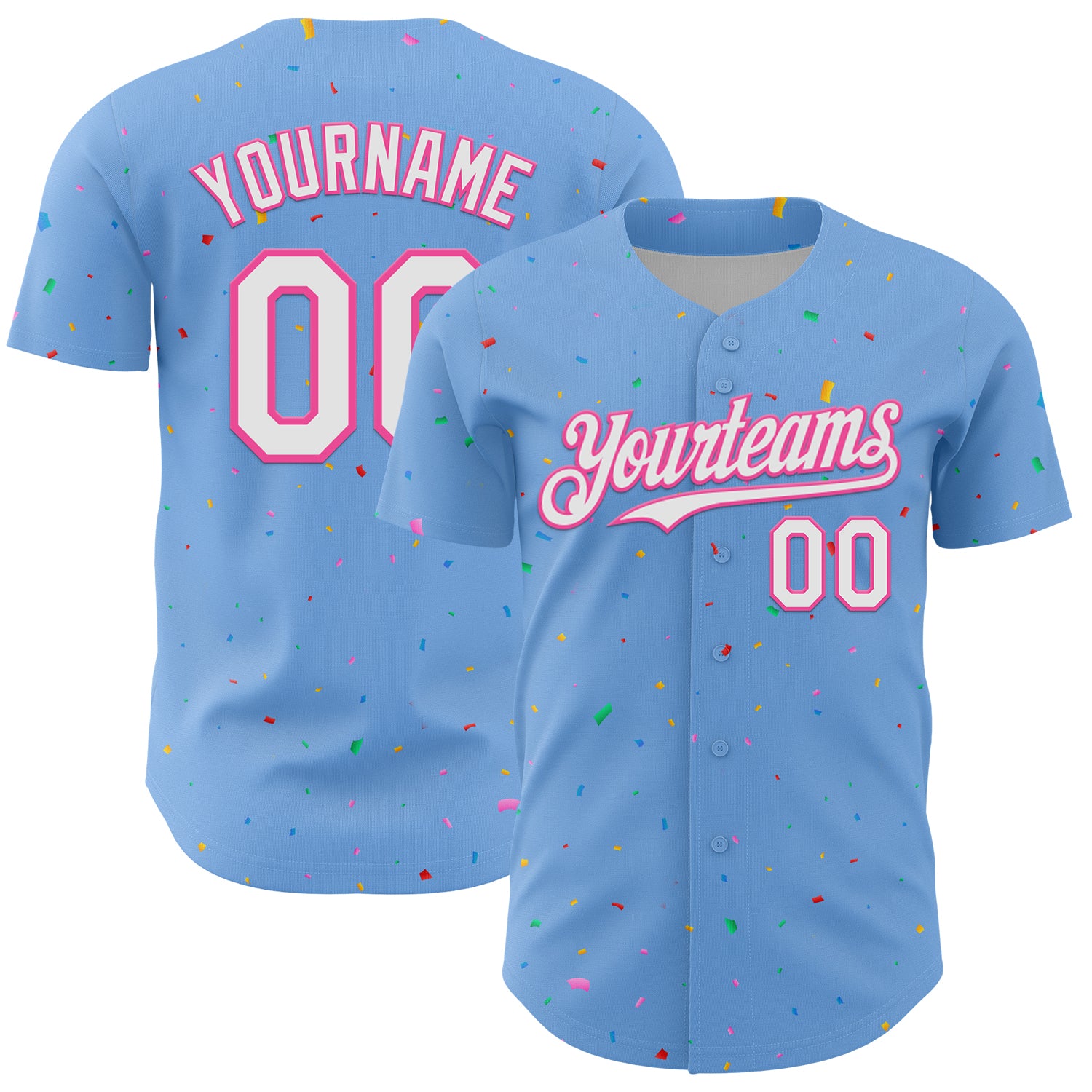 Custom Light Blue White-Pink 3D Pattern Design Confetti Colorful Speckle Authentic Baseball Jersey