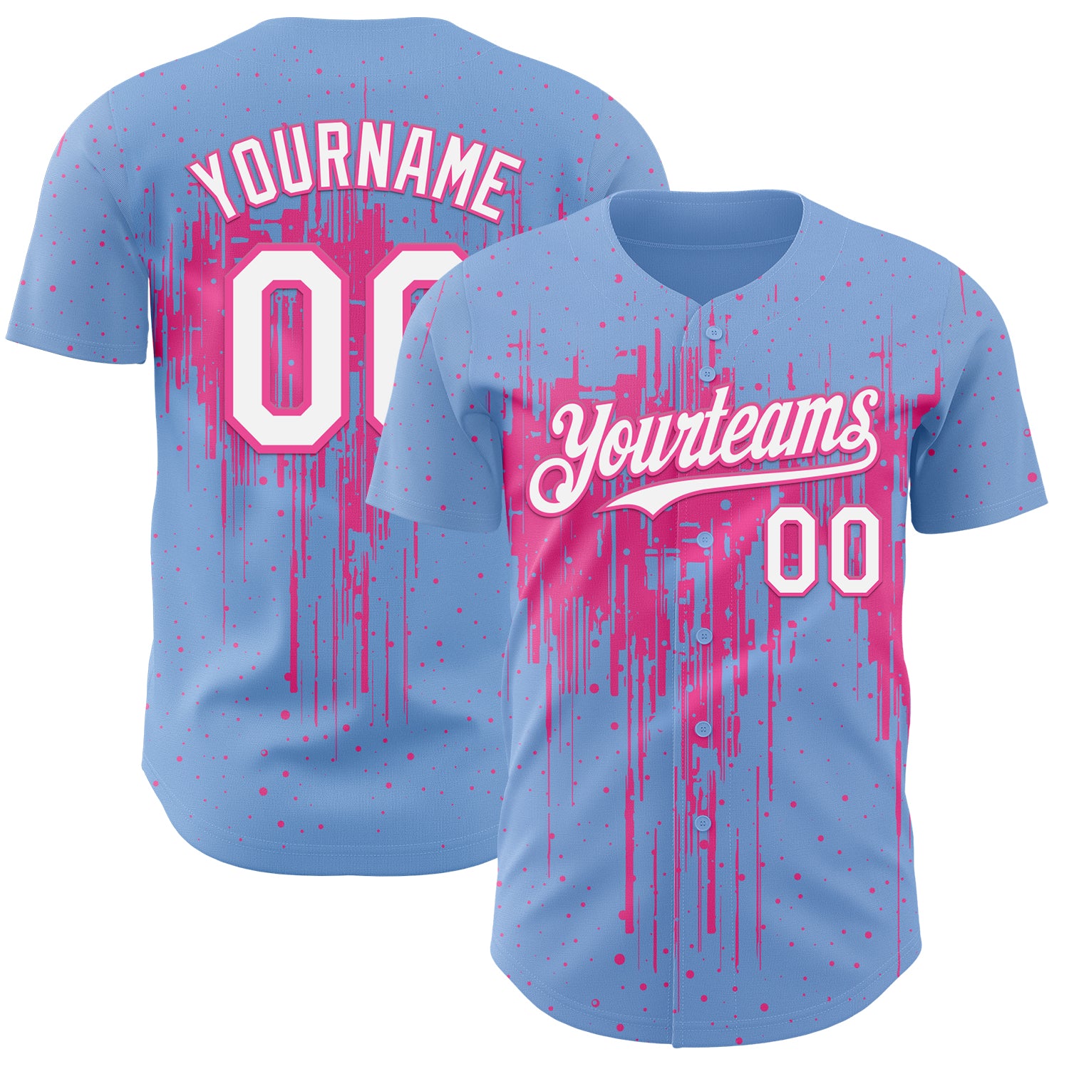 Custom Light Blue White-Pink 3D Pattern Design Dripping Splatter Paint Authentic Baseball Jersey