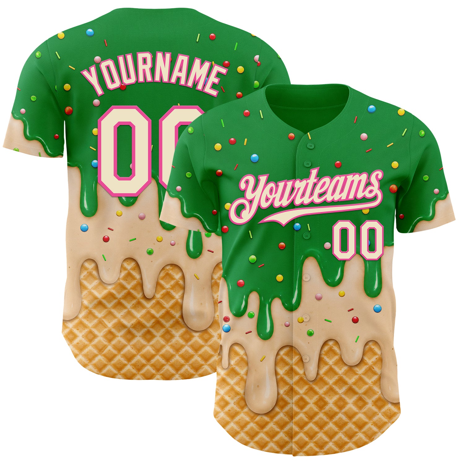 Custom Light Kelly Green Cream-Pink Ice Cream Waffle Foodie Dessert Authentic Baseball Jersey
