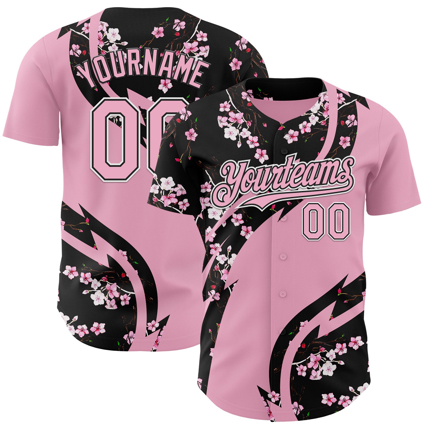 Custom Light Pink Black-White Cherry Blossoms Sakura Authentic Baseball Jersey