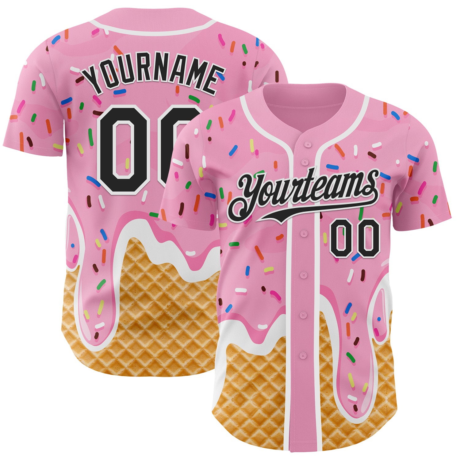 Custom Light Pink Black-White Ice Cream Waffle Foodie Dessert Authentic Baseball Jersey