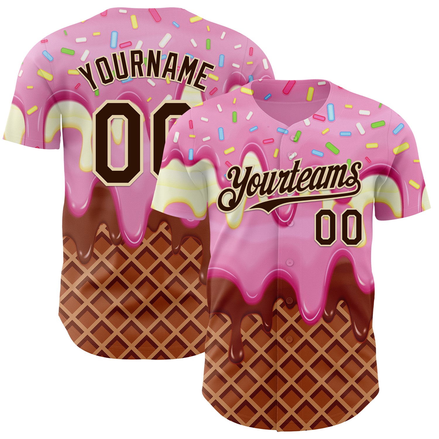 Custom Light Pink Brown-Cream Foodie Food Dessert Melting Cream Waffle Grid Authentic Baseball Jersey