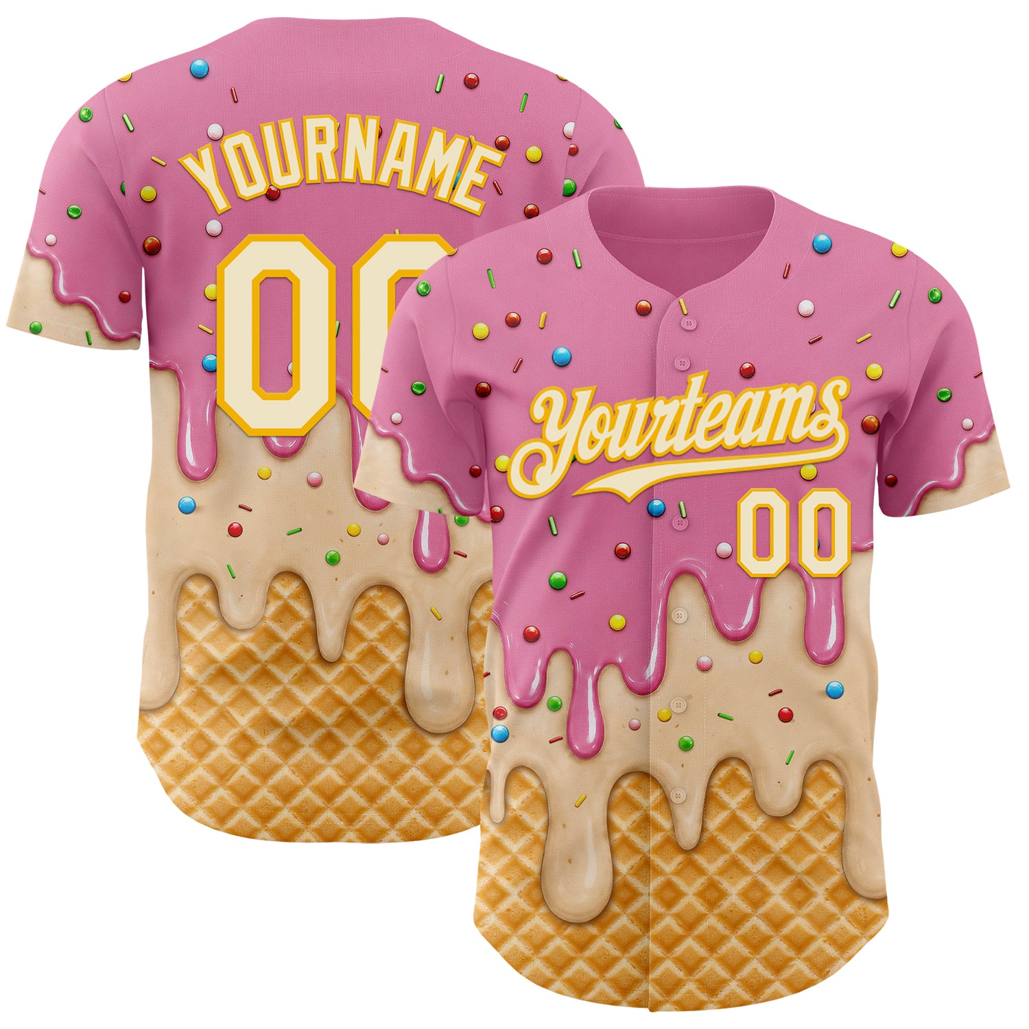 Custom Light Pink Cream-Gold Ice Cream Waffle Foodie Dessert Authentic Baseball Jersey