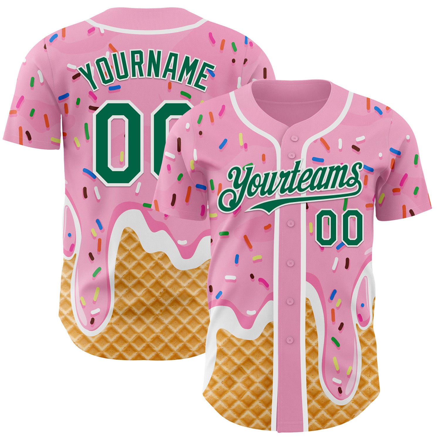 Custom Light Pink Kelly Green-White Ice Cream Waffle Foodie Dessert Authentic Baseball Jersey