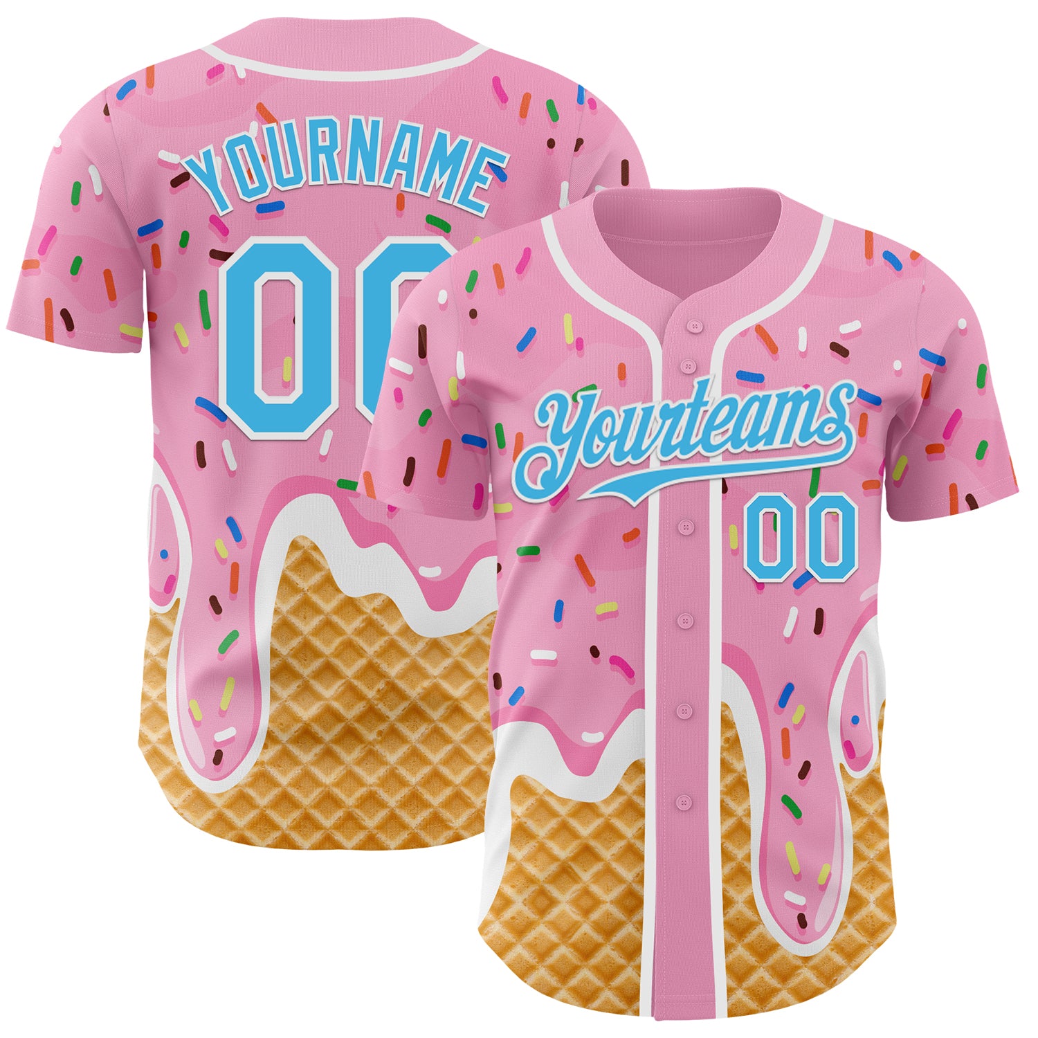 Custom Light Pink Sky Blue-White Ice Cream Waffle Foodie Dessert Authentic Baseball Jersey