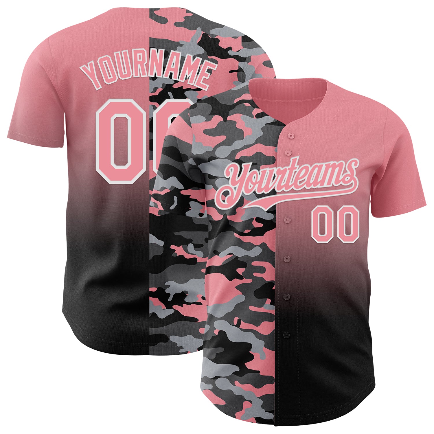 Custom Medium Pink Black-White Half Camo Ombre Authentic Baseball Jersey