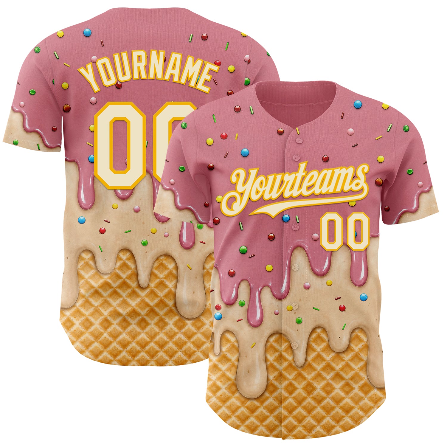 Custom Medium Pink Cream-Gold Ice Cream Waffle Foodie Dessert Authentic Baseball Jersey