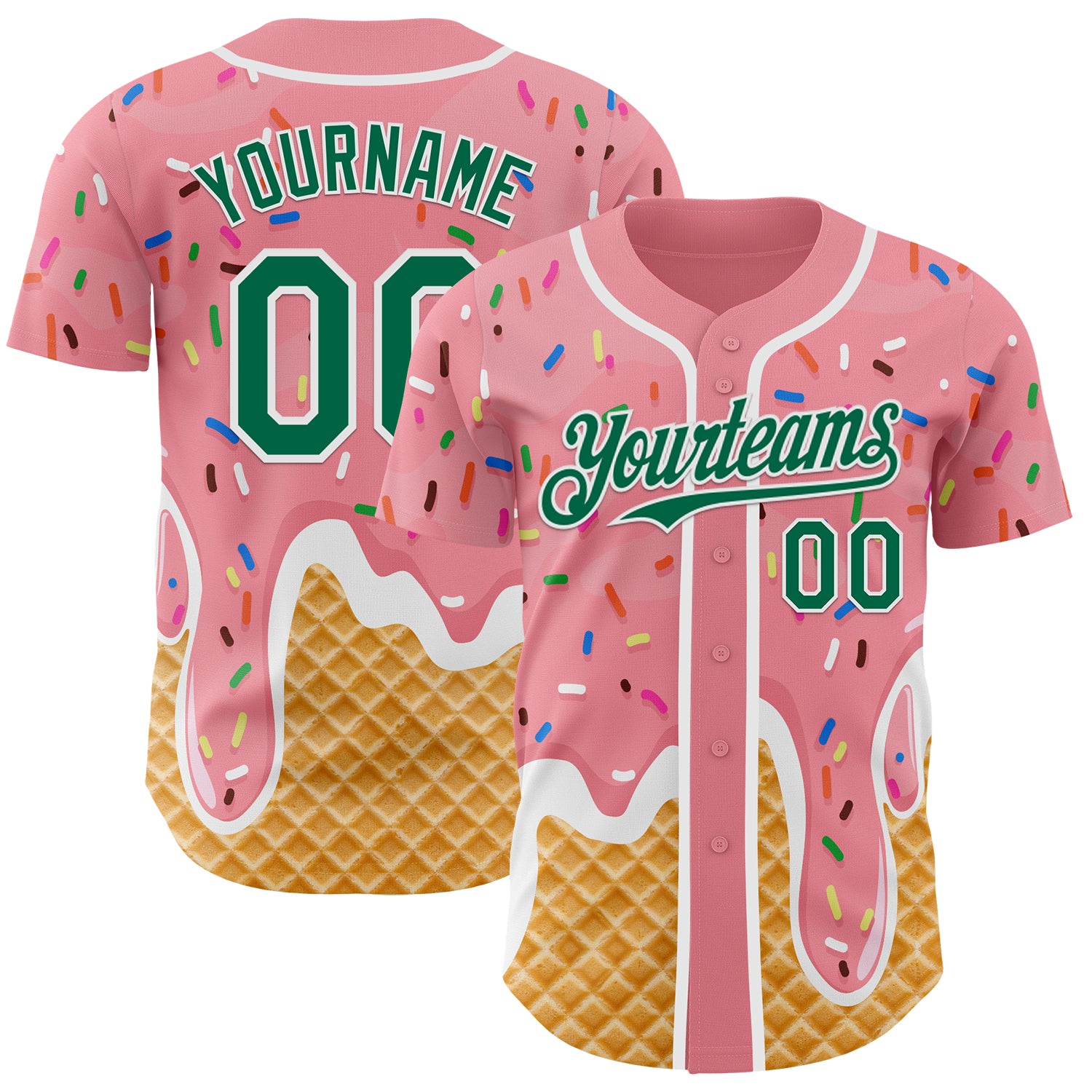 Custom Medium Pink Kelly Green-White Ice Cream Waffle Foodie Dessert Authentic Baseball Jersey