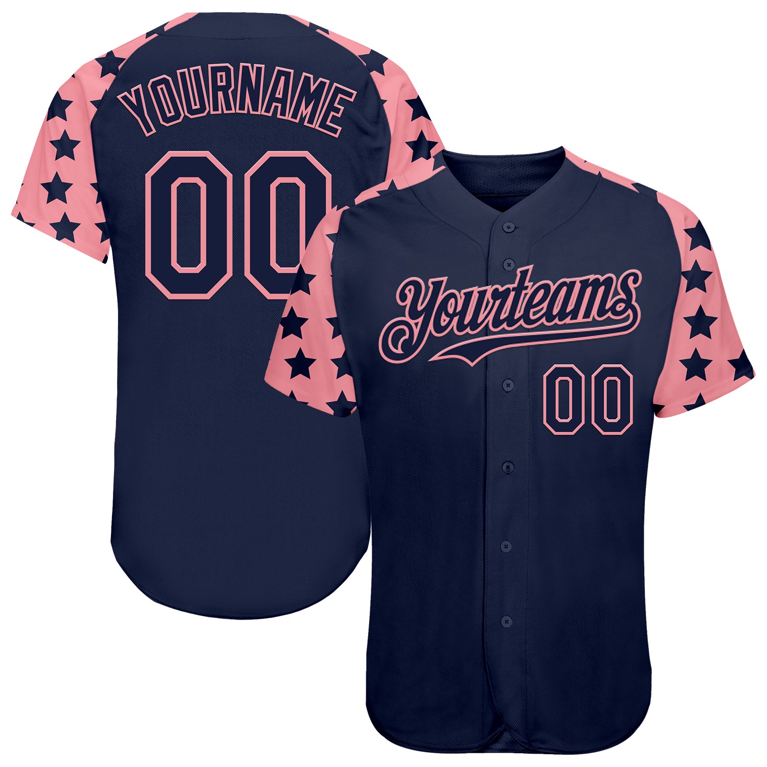 Custom Navy Medium Pink Star Raglan Sleeves Authentic Baseball Jersey